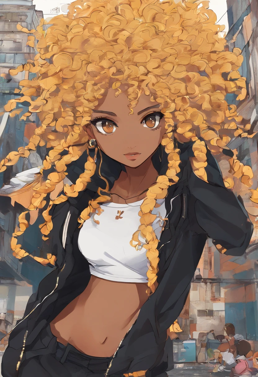 Garoto negro, African traits, pele escura, blonde curly hair with braids, olhos dourados, olhar furioso e impiedoso, vestindo roupas pretas. Uma aura de fogo o envolve. He is in a destroyed urban setting.
