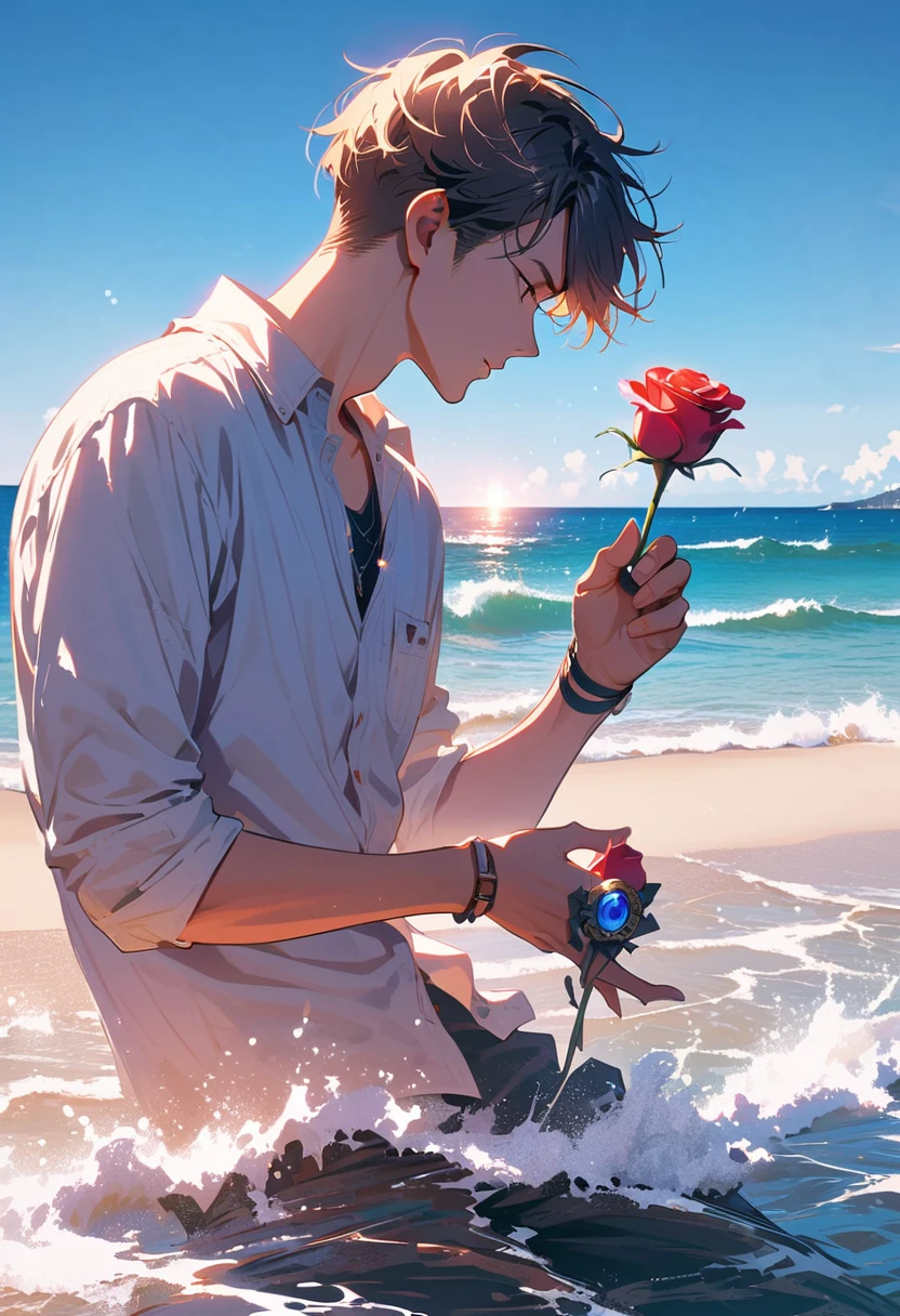 Style 9,1 boy,sea,Sunlight,whole body,holding a rose in hand,profile,casual wear,Vision