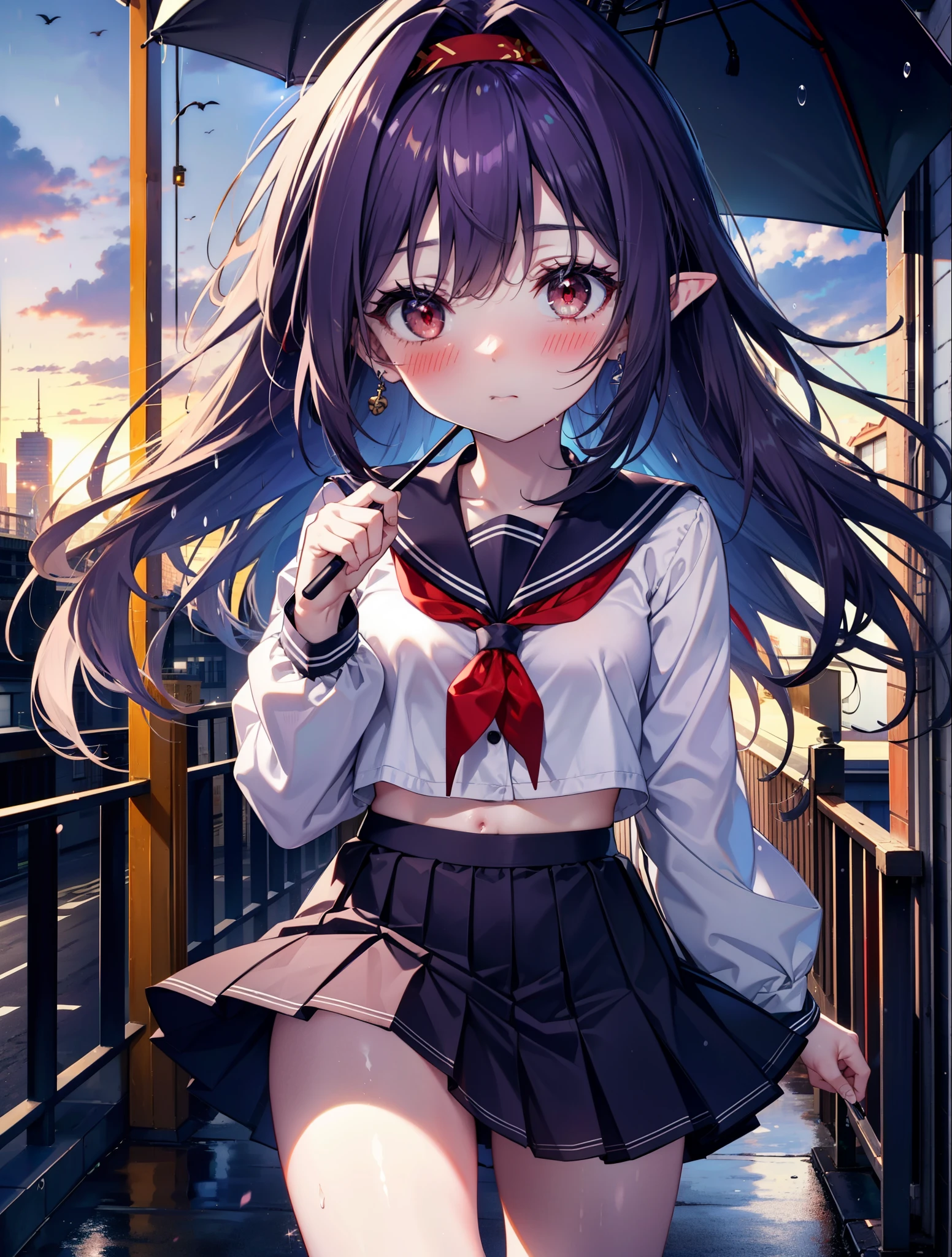 yuukikonno, Yuki Konno, hair band, long hair, pointed ears, purple hair,blush, embarrassing,(red eyes:1.5), (small breasts:1.2),high school girl uniform(Purple sailor suit),Purple pleated skirt,white tights,brown loafers,rain,cloudy,umbrella,umbrellaのグリップを両手で掴んで持っている,evening,
break looking at viewer, Upper body, full body,
break outdoors, city,building street,
break (masterpiece:1.2), highest quality, High resolution, unity 8k wallpaper, (shape:0.8), (fine and beautiful eyes:1.6), highly detailed face, perfect lighting, Very detailed CG, (perfect hands, perfect anatomy),