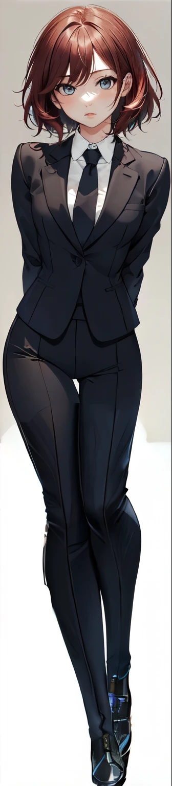 Mature woman with a teacher outfit, black jacket, short leather black skirt, fishnets and black heels, big breasts and long legs, short white hairs, bob cut