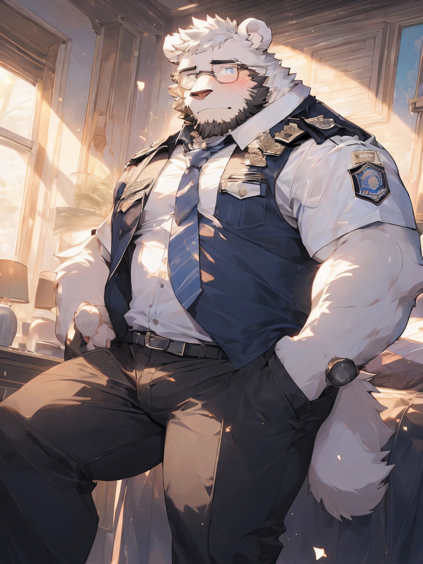 (masterpiece),(Very detailed),(best quality),hairy,Bear,(((white fur:1.5))),light blue pupils,Extremely strong,(strong body),(((White panties ))),(Loose white long-sleeved shirt:1.5),Black police uniform jacket,(police hat),(Take off your pants),(Loose tie:1.4),(Unbutton your clothes:1.4)(Expose chest muscles:1.4),beard,Black-rimmed glasses,(blush shy:1.3),bedroom background,Stand by the bed,8K,(super high quality),(Very detailed),full body picture