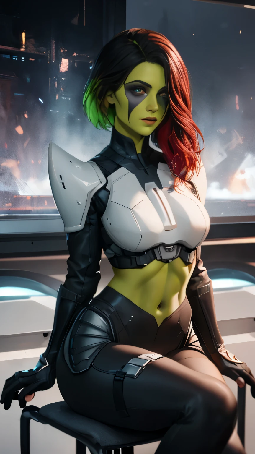 (Highly quality, masterpiece, detailed), science fiction city detailed scenario, science fiction detailed background, solo, 1woman, Gamora, green skin, multicolored hair, hair over one eye, black and white crop top 1.3, Abdomen, black and white leggings, armor, gloves, sleeves, perfect faces, sitting on a chair, light smile, beautiful eyes, looking at the viewer, Sexy pose