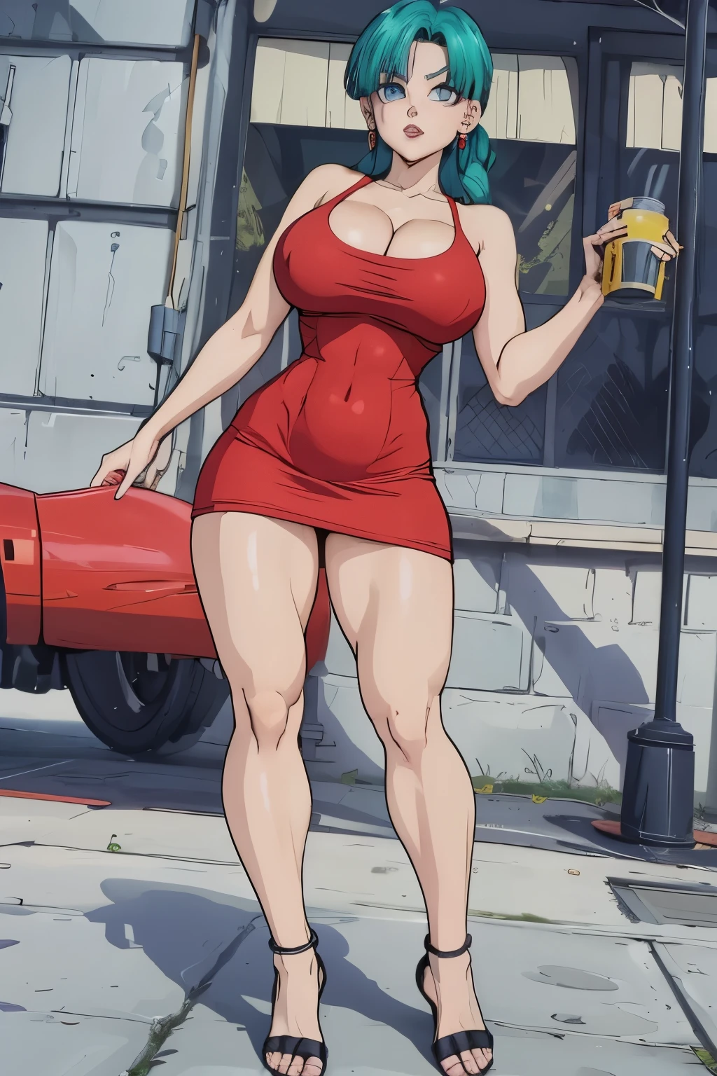 best qualty full body visto desde abajo ((cabello verde corto)). (( anime bulma dragon ball z)) (( vestido rojo)) mujer 30 years old, ((cabello azul corto)), (( con curvas)),(( una bufanda amarilla)) (( vestido muy corto)) (( piernas fuertes)), (( cintura muy angosta)) hay una mujer con un vestido rojo y una bufanda amarilla, vestido apretado, vestimenta ajustada, succubus in short tight dress, vestido sexy, faye valentine, linda chica con traje de tanque, skinvestido apretado, better known as amaranto, amaranto, He wears a bathing suit, usando ropa sencilla y ajustada, cintura delgada y caderas gruesas , alto detalle 8K, piel perfecta. 12K HDR