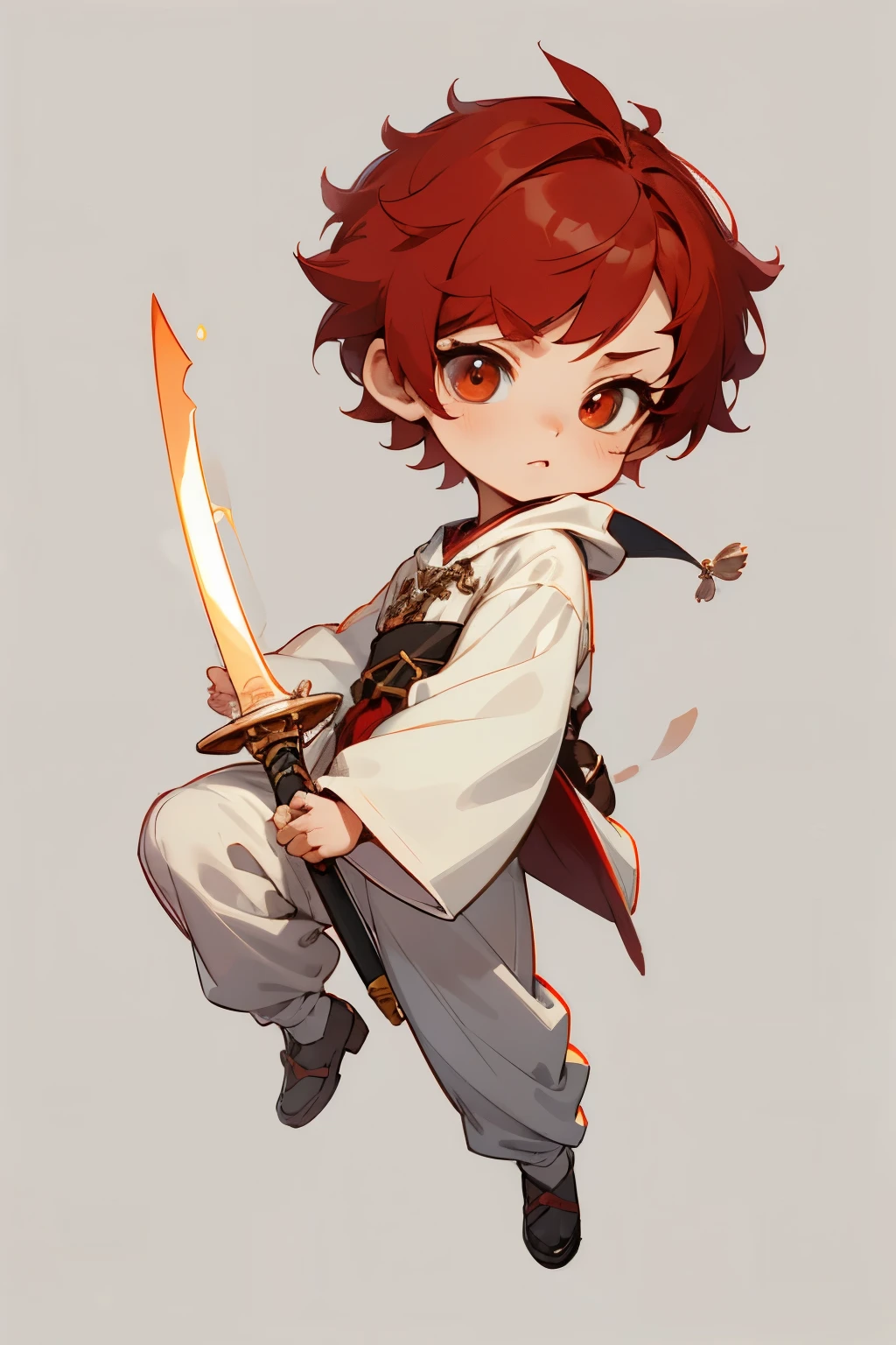 boy, full body, swordsman, cute, catoon style, chibi style, beautiful face, beautiful eye, high detailed pupil, double eyelid, high quality skin, red color hair, very short cut hair, white clothes, masterpiece,