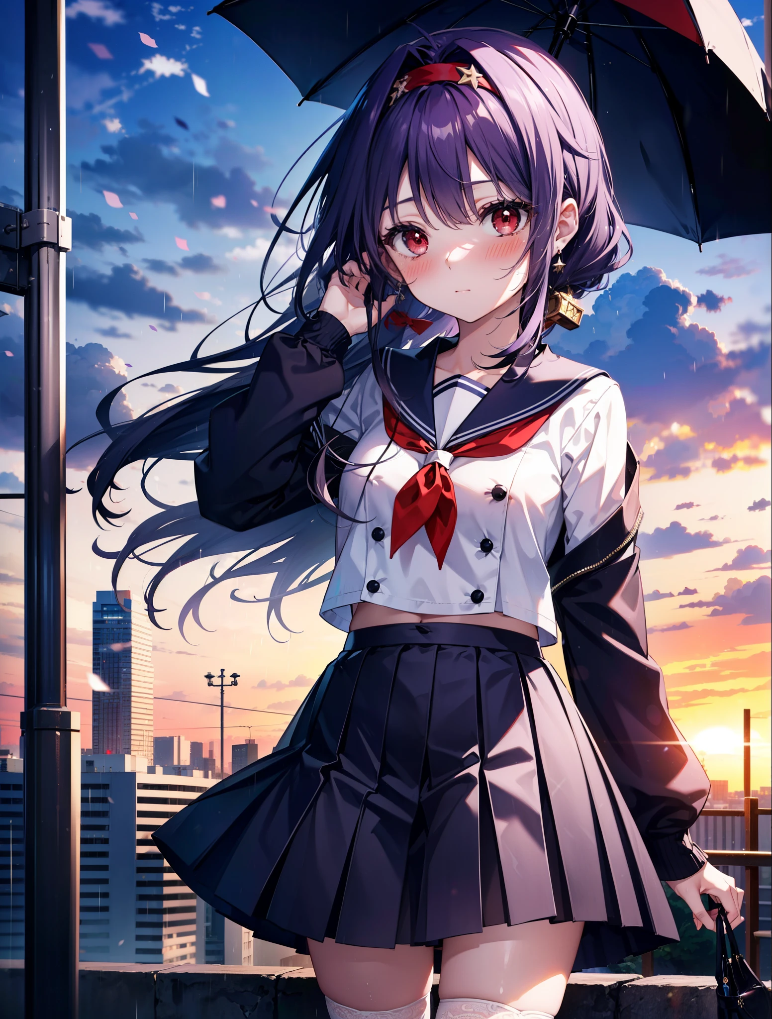 yuukikonno, Yuki Konno, hair band, long hair, pointed ears, purple hair,blush, embarrassing,(red eyes:1.5), (small breasts:1.2),high school girl uniform(Purple sailor suit),Purple pleated skirt,white tights,brown loafers,rain,cloudy,umbrella,umbrellaのグリップを両手で掴んで持っている,evening,
break looking at viewer, Upper body, full body,,(cowboy shot:1.5),
break outdoors, city,building street,
break (masterpiece:1.2), highest quality, High resolution, unity 8k wallpaper, (shape:0.8), (fine and beautiful eyes:1.6), highly detailed face, perfect lighting, Very detailed CG, (perfect hands, perfect anatomy),