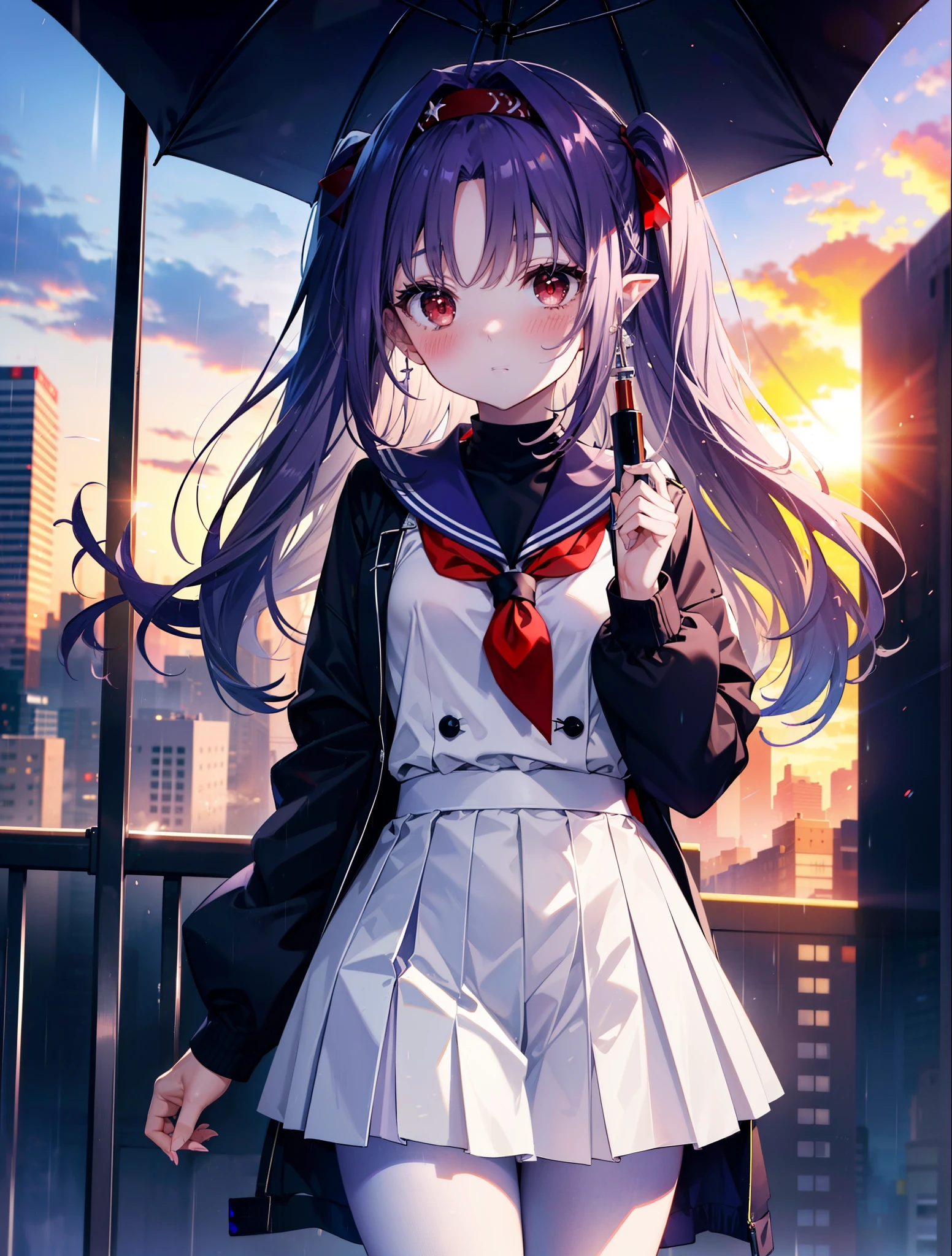 yuukikonno, Yuki Konno, hair band, long hair, pointed ears, purple hair,blush, embarrassing,(red eyes:1.5), (small breasts:1.2),high school girl uniform(Purple sailor suit),Purple pleated skirt,white tights,brown loafers,rain,cloudy,umbrella,umbrellaのグリップを両手で掴んで持っている,evening,
break looking at viewer, Upper body, full body,,(cowboy shot:1.5),
break outdoors, city,building street,
break (masterpiece:1.2), highest quality, High resolution, unity 8k wallpaper, (shape:0.8), (fine and beautiful eyes:1.6), highly detailed face, perfect lighting, Very detailed CG, (perfect hands, perfect anatomy),