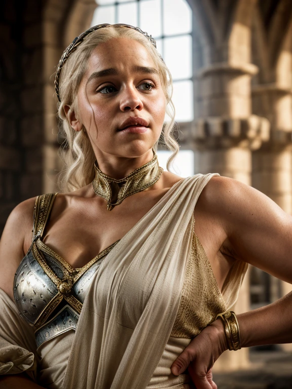 DAENERYS TARGARYEN, Gladiator dress, Full body shot,Mediaeval epic Battlefield background,erotic warrior costume, heroic looks, soft key light, detailed hairy armpits, victory pose, blood in sword,Standing bravely after battle,battle movie scene,cinematic colour grading,blood stains in dress,fought the battle dominantly, DAENERYS TARGARYEN PLAYED BY Emilia Clarke,Queen DAENERYS TARGARYEN,mature,milf, sexy mediaeval battle dress,gladiator woman,body,45 yo Woman,perky breast,alluring figure,big natural breast,mediaeval costumes,mediaeval queen dress,erotic costumes,lusty physique,((detailed face)), ((detailed facial features)),(finely detailed skin), pale skin,(in a highly detailed sexy mediaeval dress,soft natural light, (masterpiece) (perfect aspect ratio), (realistic photo), (best quality), (detailed) photographed on a Canon EOS R5, 50mm lens, F/2.8, HDR, (8k) (wallpaper) (cinematic lighting) (dramatic lighting) (sharp focus) (intricate), RAW photo, RAW photo, gigachad photo,8k uhd, dslr, high quality, film grain, Fujifilm XT3, extremely detailed,photorealistic, realistic,incredibly absurd, highly detailed, sharp focus,(Professional Studio Lighting),(Professional Color Grading), Edge Lighting,Dramatic lighting,Cinematic lighting,Lumen reflections, Soft natural lighting, Soft color, Photon mapping, Radiosity, (Beautiful eyes), (Detailed eyes),  (Detailed face), symmetrical eyes, sharp eyes, cold face, full body), (HIGH LEVEL OF DETAIL), (sweaty),large breasts, high detailed skin, uncharacterized texture, hyper detailed, realistic skin texture, armor, best quality, ultra high res, (photorealistic: 1.4) high resolution, detailed, raw photo, sharp re, by lee jeffries nikon d850 film stock photography 4 kodak portra 400 camera  F1.6 Lens rich colors hyper realistic texture dramatic lighting UnrealEngine trend in Artstation Cinestill 800, veins in the body, (body and fitness), perfect eyes, detailed eyes, detailed skin,