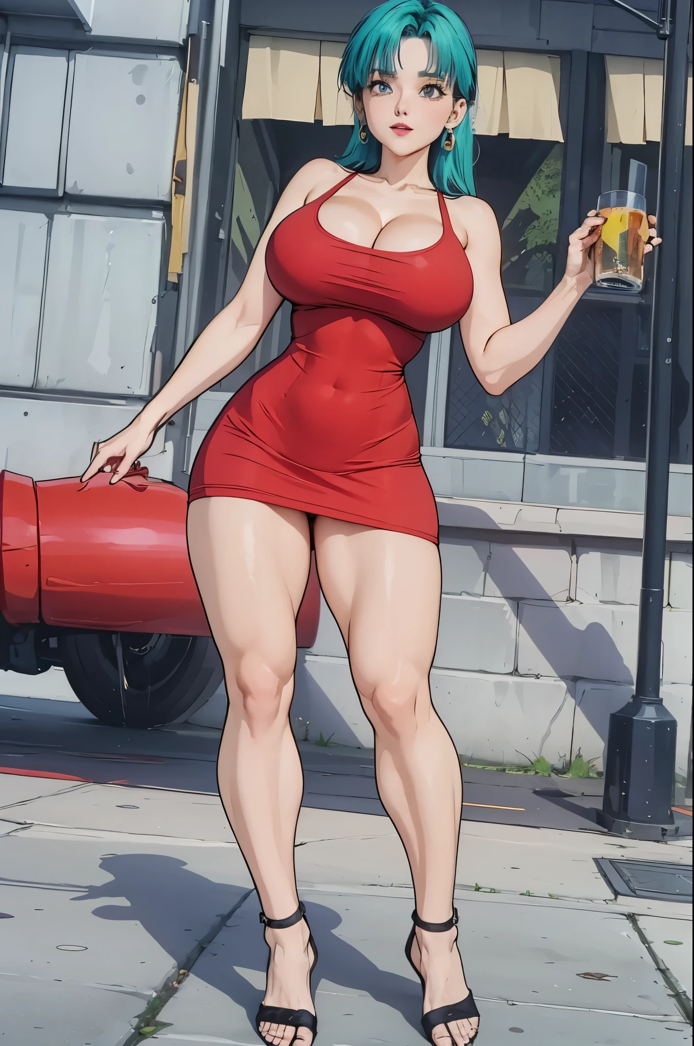 best qualty full body visto desde abajo ((cabello verde corto)). (( anime bulma dragon ball z)) (( vestido rojo)) mujer 30 years old, ((cabello azul corto)), (( con curvas)),(( una bufanda amarilla)) (( vestido muy corto)) (( piernas fuertes)), (( cintura muy angosta)) hay una mujer con un vestido rojo y una bufanda amarilla, vestido apretado, vestimenta ajustada, succubus in short tight dress, vestido sexy, faye valentine, linda chica con traje de tanque, skinvestido apretado, better known as amaranto, amaranto, He wears a bathing suit, usando ropa sencilla y ajustada, cintura delgada y caderas gruesas , alto detalle 8K, piel perfecta. 12K HDR