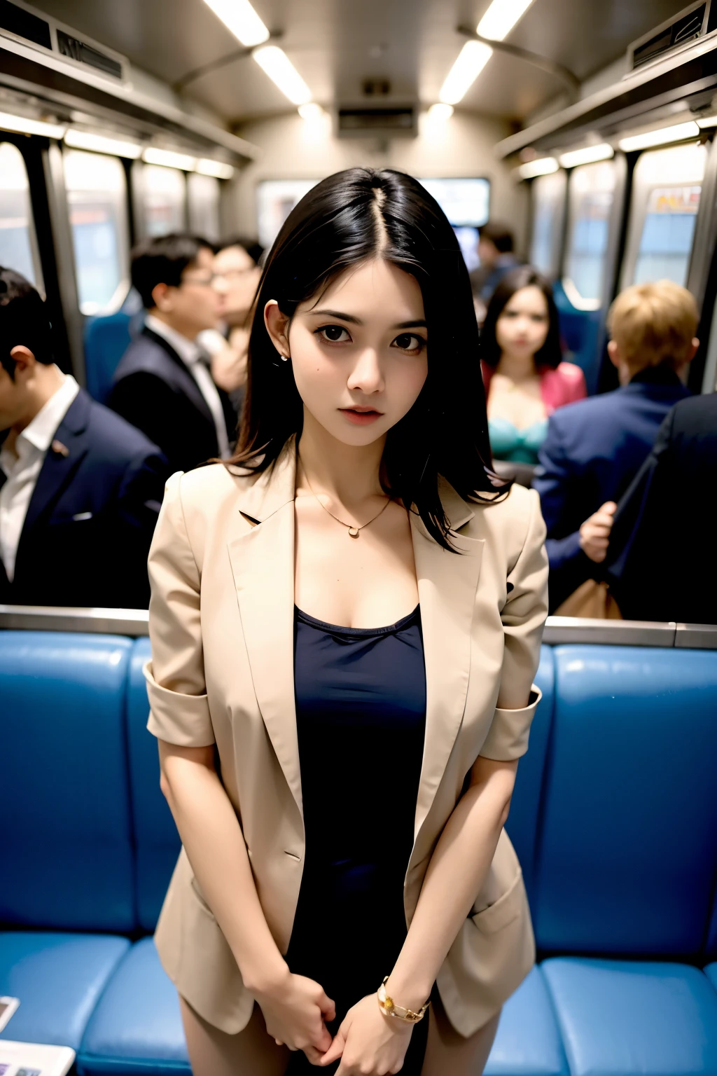 A woman stands in a crowded subway car with a distressed expression