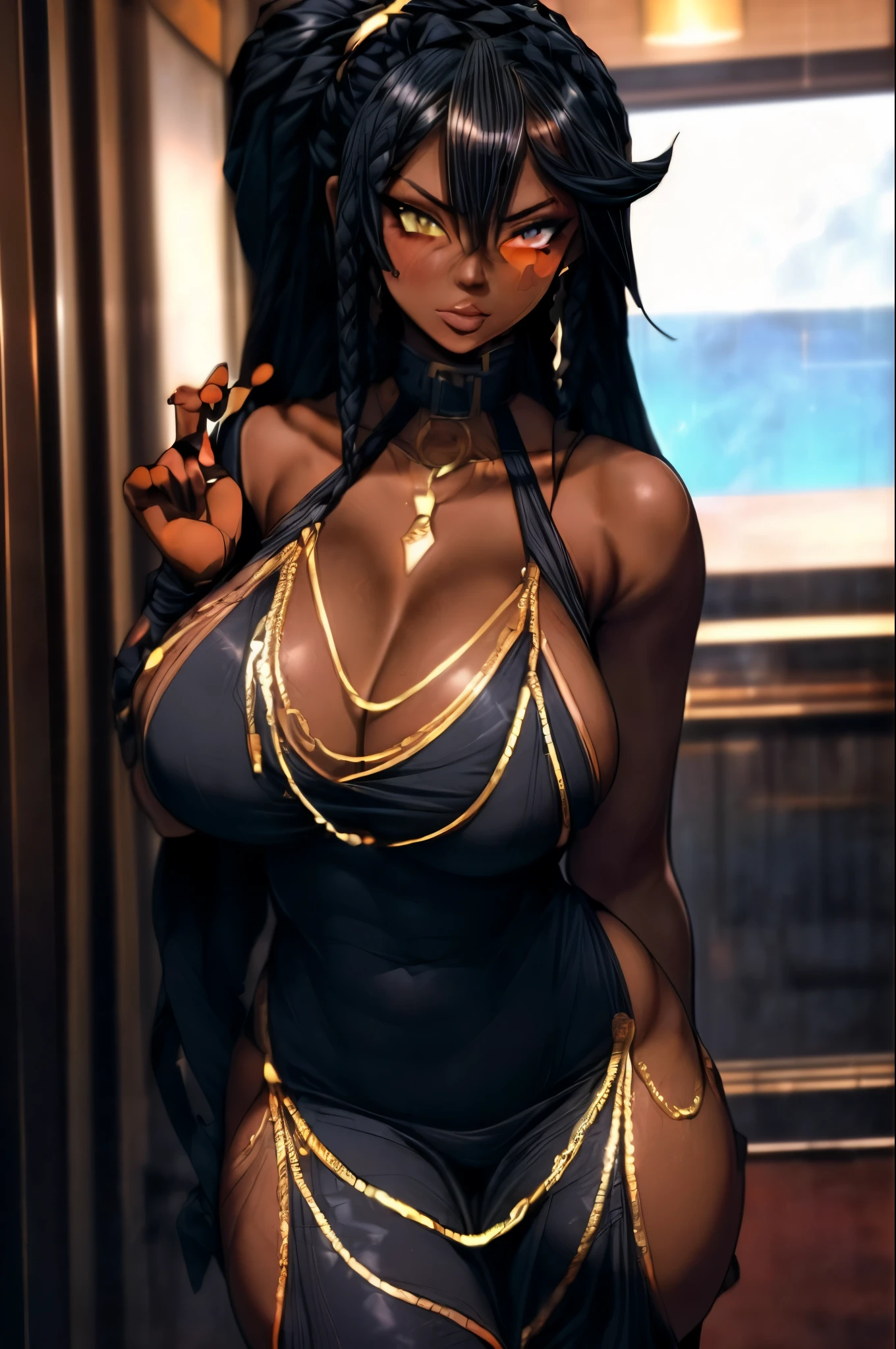 ((*Masterpiece, best quality))), (Sassy, is a sensuous statuesque short-stack black Afro-American woman with very dark skin . She has a heart-shaped face, a Nubian nose, and black braided urban hair. Her big hooded orange-gold heterochromia eyes wield crescent moon pupils and are highlighted by glasses, and she is wearing a black chain halter slit dress that showcases her voluptuous perfect oval physique and wide hips. Her toned abs add to her perfect body, while her mischievous cool girl charm is showed at a elegant party, drink in hand during a firework celebration,)), ((full-body, fast-paced cel-shaded , digital pin up splash-art in the style of, guilty gear, DOA,howxen, homare_works, Edayan . incredibly aesthetic, and amazing quality. motion lines, motion details, impact frame, incredibly sharp absurdres, incredibly sharp gradients, deep highlights, cool tones, rich atmospheric shading, sensual shadowing, dynamic angle, dynamic pose, rule of third, dynamic perspective, dynamic Line of action, dynamic scenery, atmospheric lighting, truly exceptional exciting fun with Raw sensuality, and hyper-femininity))