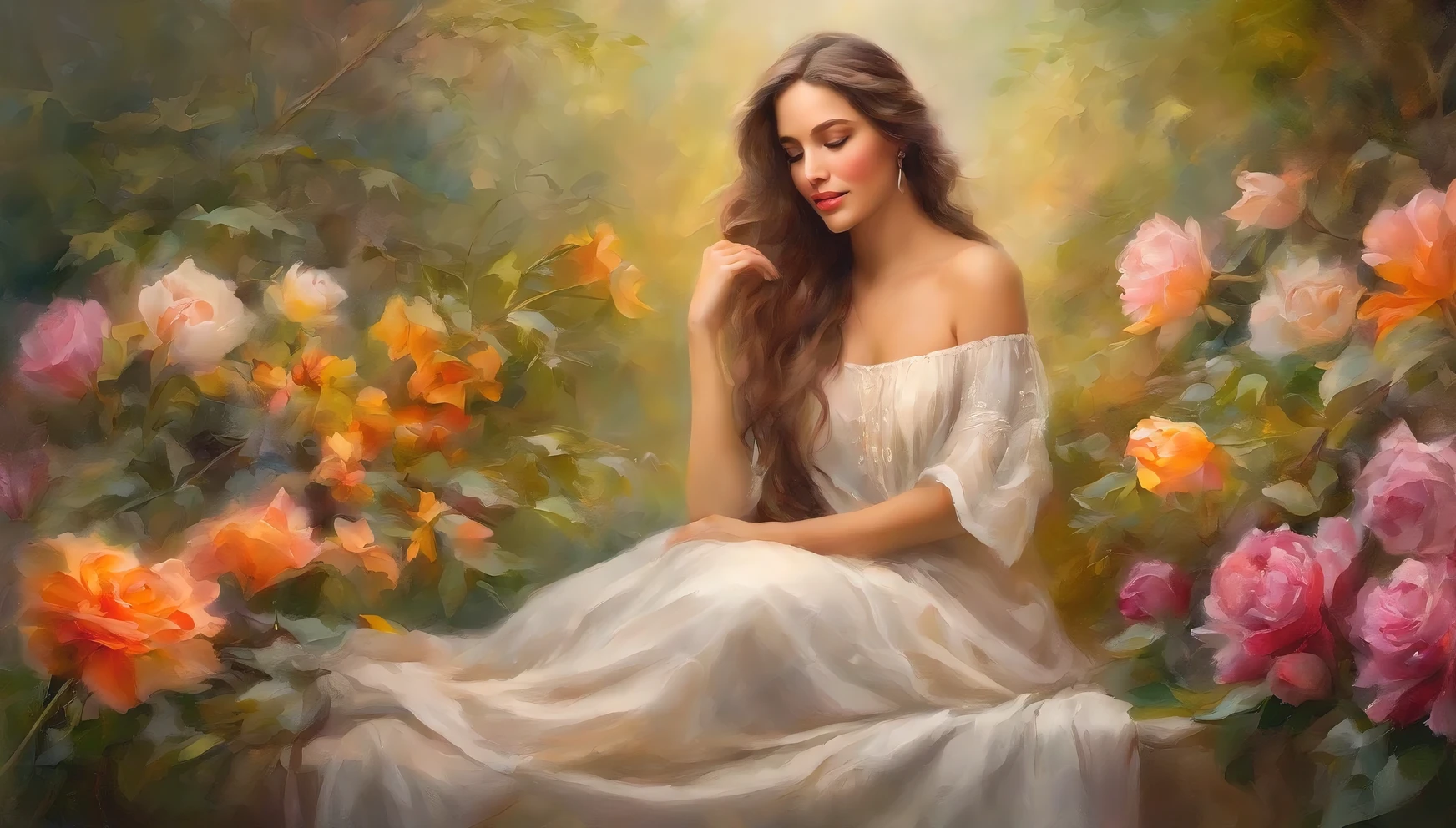 beautiful woman about thirty, topless, with mesmerizing eyes, Long flowing hair, and a confident facial expression. She is sitting in a bright and colorful garden., surrounded by lush greenery and blooming flowers. Sunlight penetrates through the leaves, creating a soft and ethereal atmosphere. woman'skin flawless and glowing, with a healthy glow. Her posture is relaxed, one hand rests on her knee, and the other gently touches the flower petal. The scene is captured in a dreamy and painterly style.., reminiscent of a Renaissance portrait or an impressionist masterpiece. Colors are bright and rich, with a warm and cozy color palette. The lighting is soft and diffused, give a woman a gentle glow'face and highlighting the subtle details of her features. Highest overall image quality, with ultra-detailed textures and realistic rendering. The painting radiates a feeling of peace.., Femininity, and timeless beauty.