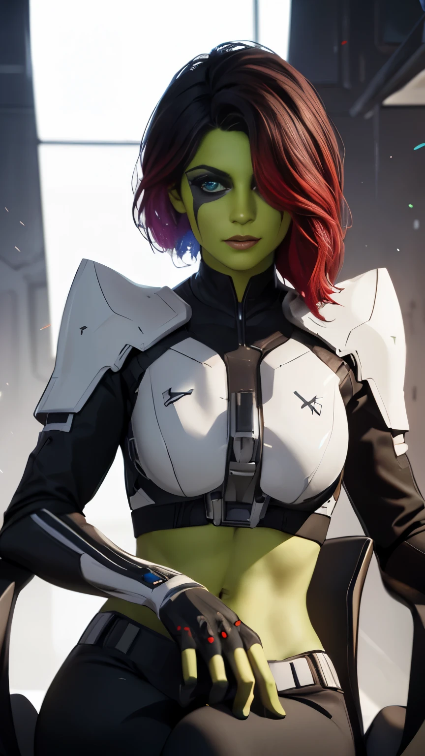 (Highly quality, masterpiece, detailed), science fiction city detailed scenario, science fiction detailed background, solo, 1woman, Gamora, green skin, multicolored hair, hair over one eye, black and white crop top 1.3, Abdomen, black and white leggings, armor, gloves, sleeves, perfect faces, sitting on a chair, light smile, beautiful eyes, looking at the viewer, Sexy pose