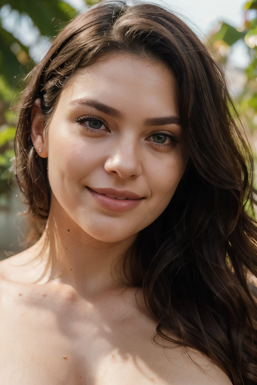 very beautiful lady around 25 years , big dimpled smile, wavy dark hair , big green eyes, large eyelashes, big and juicy lips , realistic skin texture, flawed skin, photoreal, hyper-detailed photography, portrait