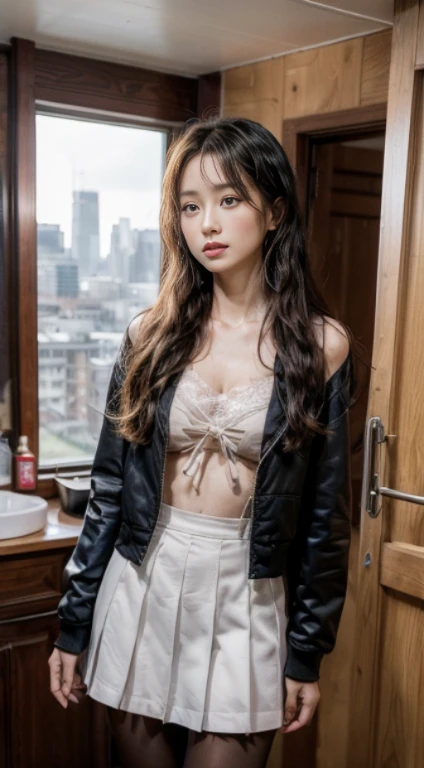 (night:1.6)、Inspired by the 007 movie、Tense atmosphere、Dramatic、(original photography、8K、Masterpiece、high resolution、very complicated)、(top quality)、(Reality的:1.4)、(Full body female love:1.6)、movie lighting 、winter、cold、exquisite girl、 Exquisite facial features、2 beautiful women、tall and sexy、(Kissing)、((Two women standing in the men's restroom))、Long wavy hair、(wet hair:1.6)、(Very detailed)、single focus、((Perfect body))、(School uniform jacket、Lace suspender pantyhose:1.2)、(Complex school uniforms、stripe、pattern、flowers、hollow)、(small 、cleavage)、(slender legs:1.5)、(Reality)、2 women together