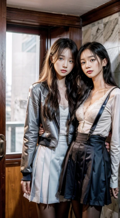 （night:1.6）、Inspired by the 007 movie、Tense atmosphere、Dramatic、(original photography、8K、​Masterpiece、high resolution、very complicated)、(top quality)、(Reality的:1.4)、（Full body female love:1.6）、movie lighting 、winter、cold、exquisite girl、 Exquisite facial features、2 beautiful women、tall and sexy、（Kissing）、((Two women standing in the men&#39;s restroom))、Long wavy hair、（wet hair：1.6）、(Very detailed)、single focus、((Perfect body))、(School uniform jacket、Lace suspender pantyhose:1.2)、（Complex school uniforms、stripe、pattern、flowers、hollow）、(small 、cleavage)、（slender legs:1.5）、(Reality)、2 women together