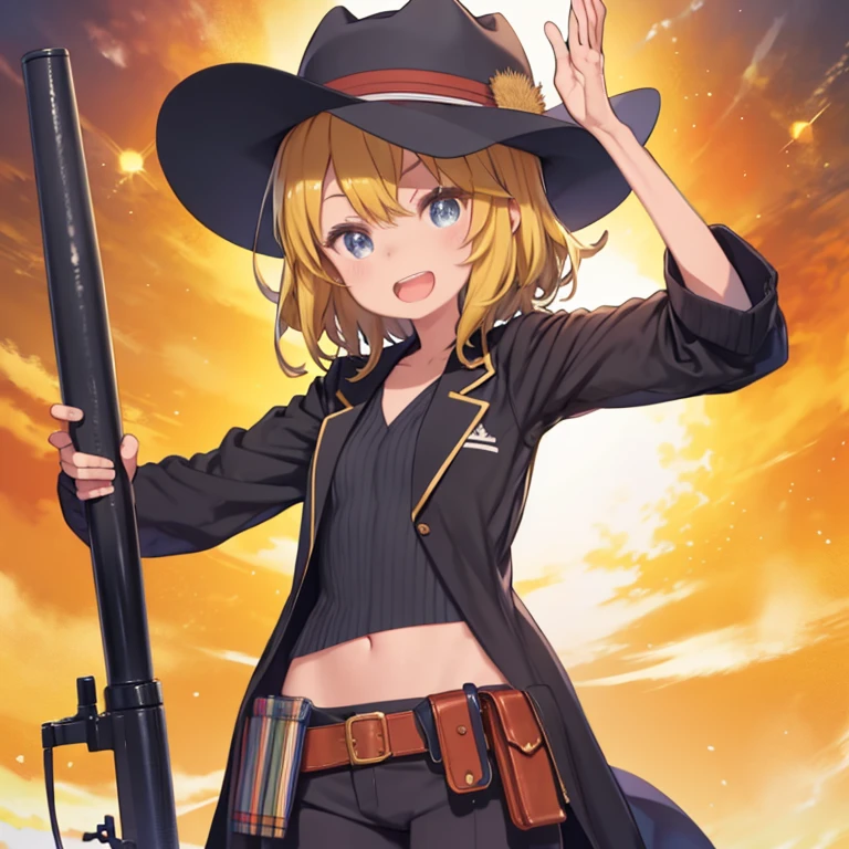 masterpiece, highest quality、Medium wide shot、cowboy shot、KitsuneSenko、1. A girl with beautiful eyes、golden hair、Western Hat、medium hair、Navel-revealing shirt、Short jacket、black jacket、black pants、gun belt、Decisive pose、Laughing with open mouth、Western clothing、