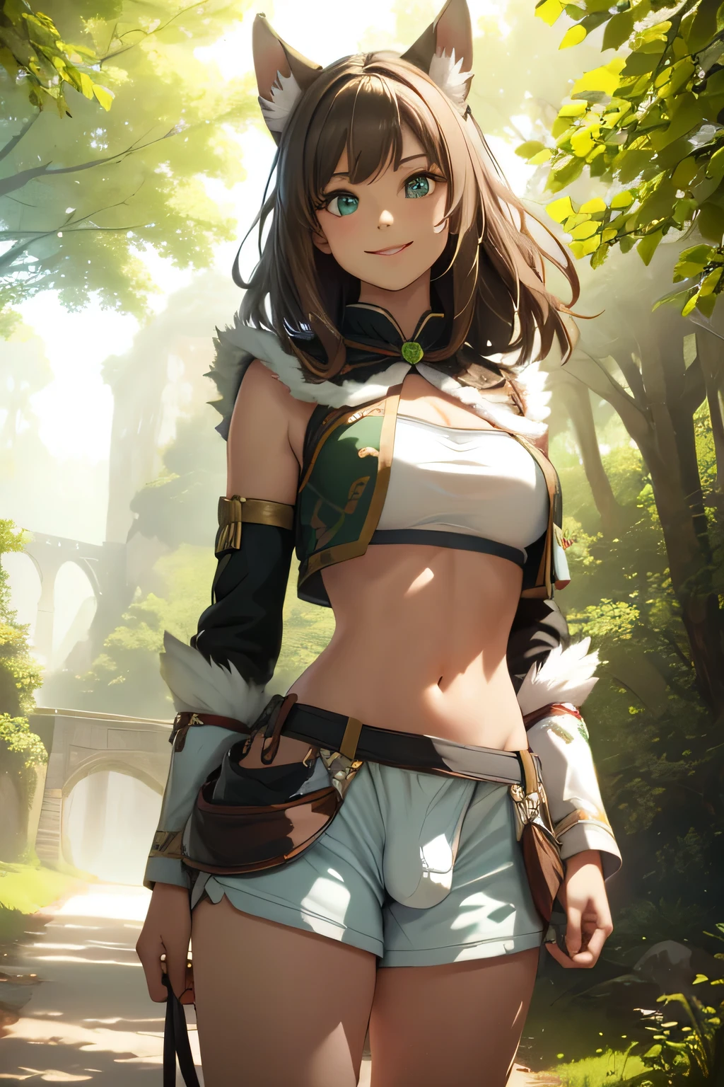 Fantasy setting, forest, spring, Green Eyes, 1 girl, solo, real, top quality, photorealistic, masterpiece, 8K, solo, hd face, soft lighting, ((daytime)), sky, (looking at camera), (portrait: 0.6), full-body, (medium hair), brown hair: 1.3, lips, bright smile, Floating hair, smiling wide, open mouth, Cat ears, tail, wild girl, Shorts, Druid girl,eyelashes, beautiful girl, Penis bulge,