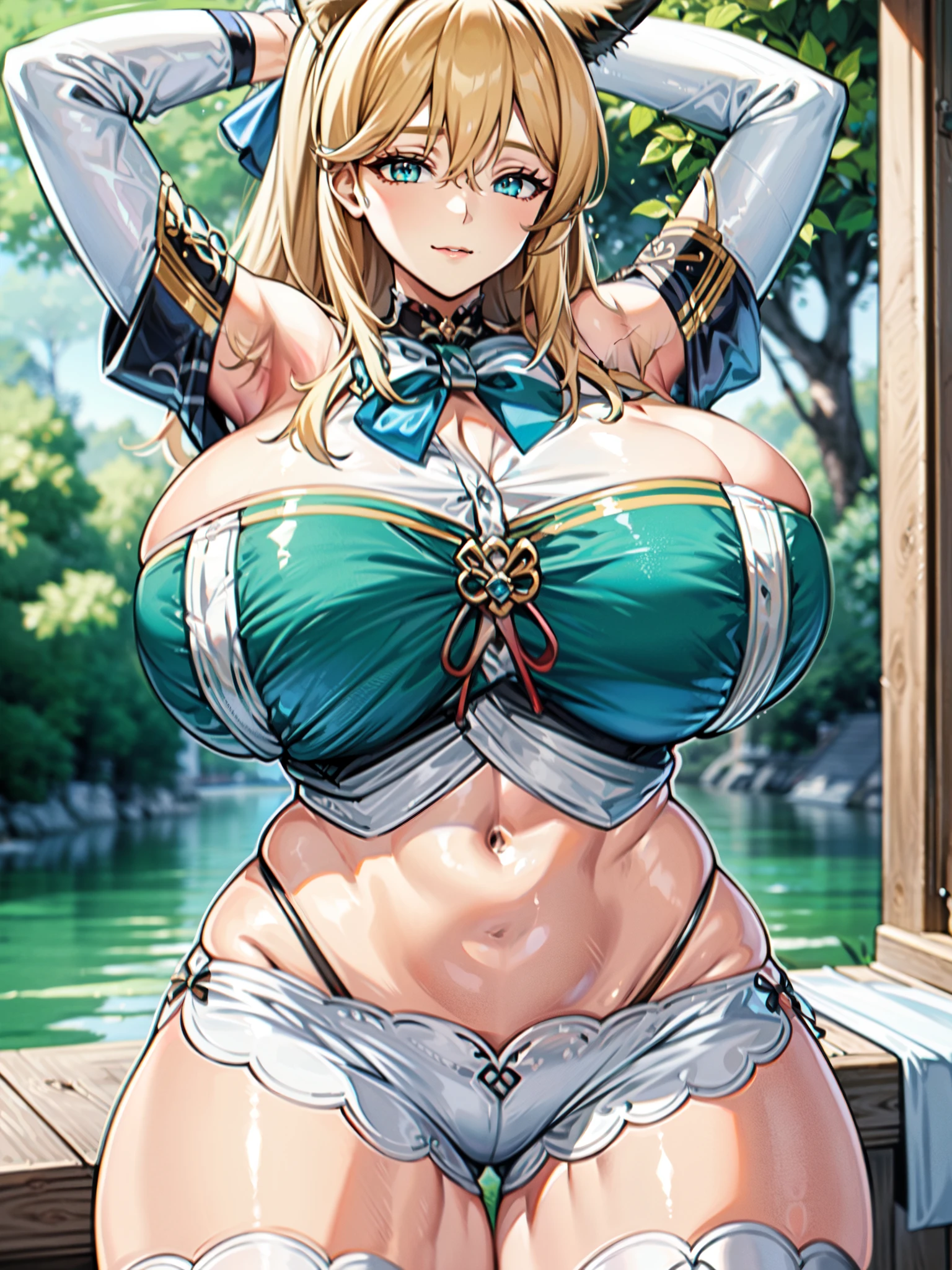 masterpiece, best quality, extremely detailed, 1girl, milf, solo, (muscular, abs:1.2), friggadef, (gigantic breasts:1.3), ((((blonde hair), very long hair, blue eyes, slit pupils, fox ears))), parted lips, (((outfit-kokomi, white shorts, white thighhighs, detached sleeves, frills, bow, navel))), ((light smile), closed mouth), ((arms behind head, forest, lake))