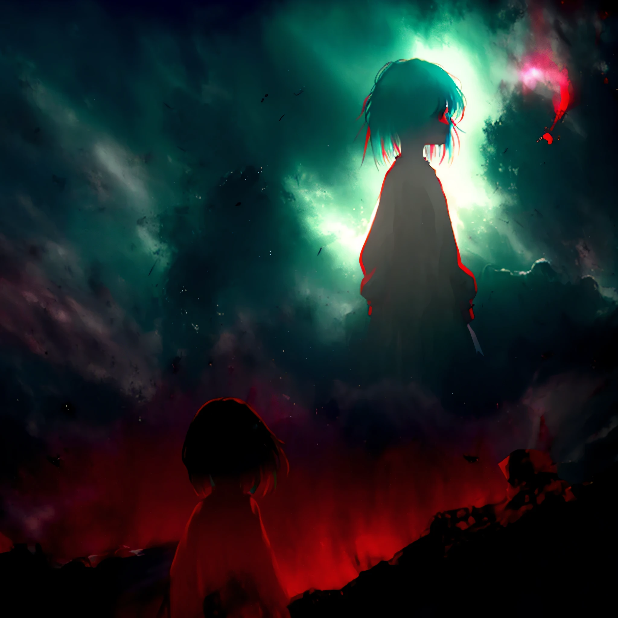 a beautiful young girl with red braids, anime, full body, horror, broken, sunflower field, distorted, sky, fog, smoke, dust, blasphemous God from the Outer Universe, shadow creatures, Junji Ito, beautiful gradation, masterpiece, ultra high res, high quality, cinematic lighting