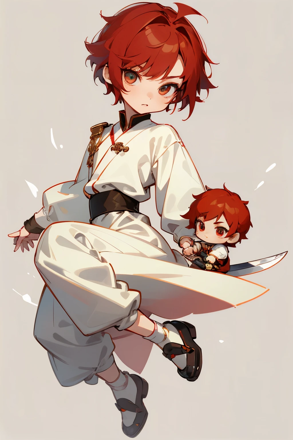 boy, full body, swordsman, cute, catoon style, chibi style, beautiful face, beautiful eye, high detailed pupil, double eyelid, high quality skin, red color hair, very short cut hair, white clothes, masterpiece,