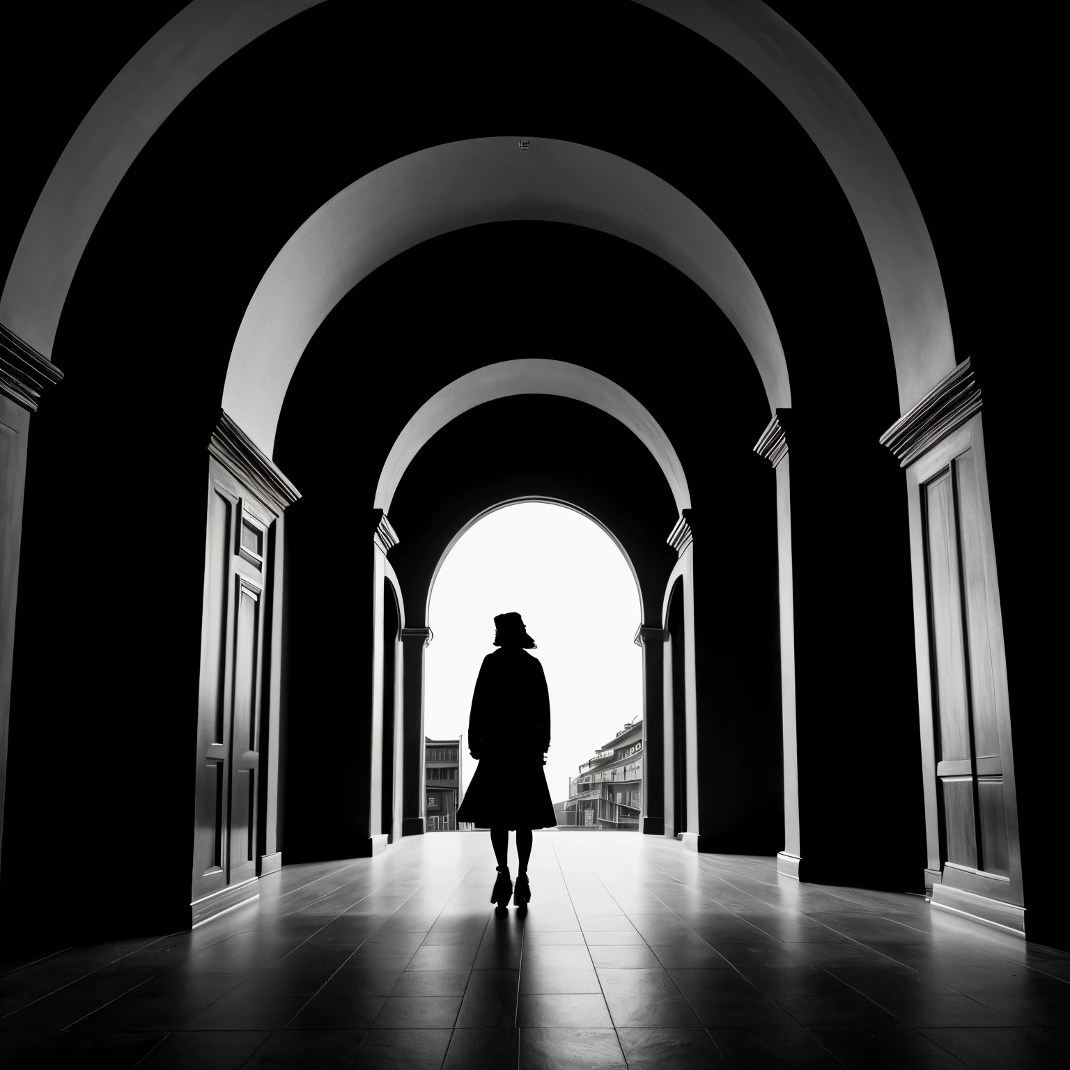 (best quality,4k,8k,highres,masterpiece:1.2),ultra-detailed,architectural photography,arches,perspective,strong backlighting,silhouette figures,high contrast lighting,distinct black and white tones,award-winning artwork, minimalistic