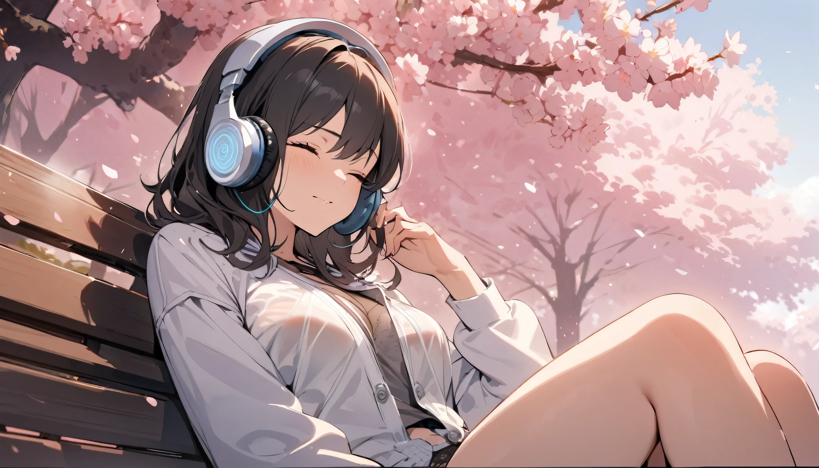 ((best quality)), ((masterpiece)), (detailed), perfect face, sitting under the cherry blossom tree, listening to music, One woman, wearing headphones, eyes closed, wearing underwear, underwear is transparent, sitting on a bench