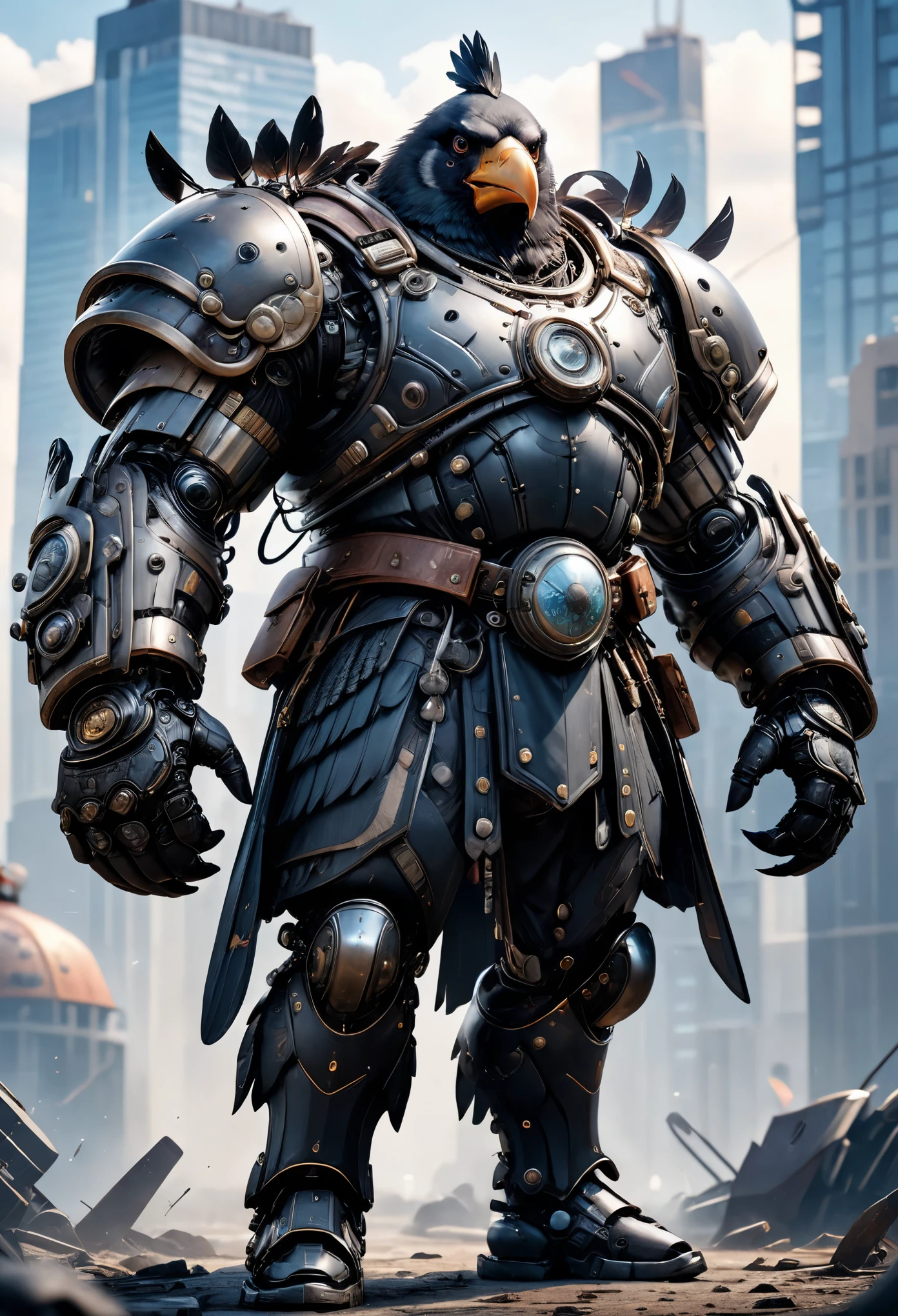 photorealistic portrait of Dressed animals - a ((fat)) Crow warrior,(brave pose), high quality,() ,intricate detailed giant mechanical arms, highly detailed ((mechanical armor) ,,highly detailed armor, cyber city background , (brave), natural lighting,(full body image from head to toe:1.5)
