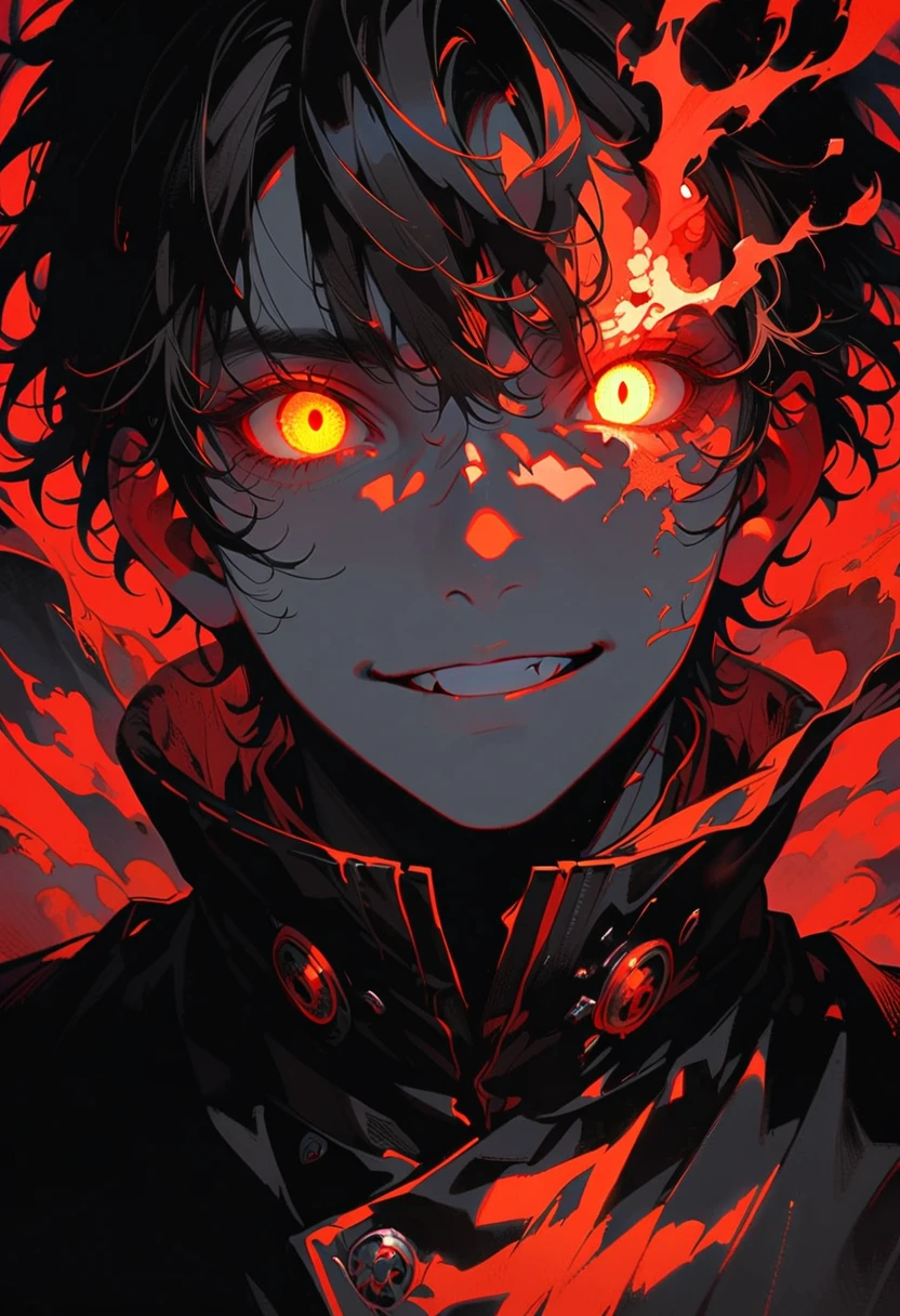 solo, looking at viewer, smile, 1boy, jacket, monochrome, male focus, parted lips, glowing, portrait, glowing eyes, spot color, high collar, glowing eye, red theme ,anime type and high details