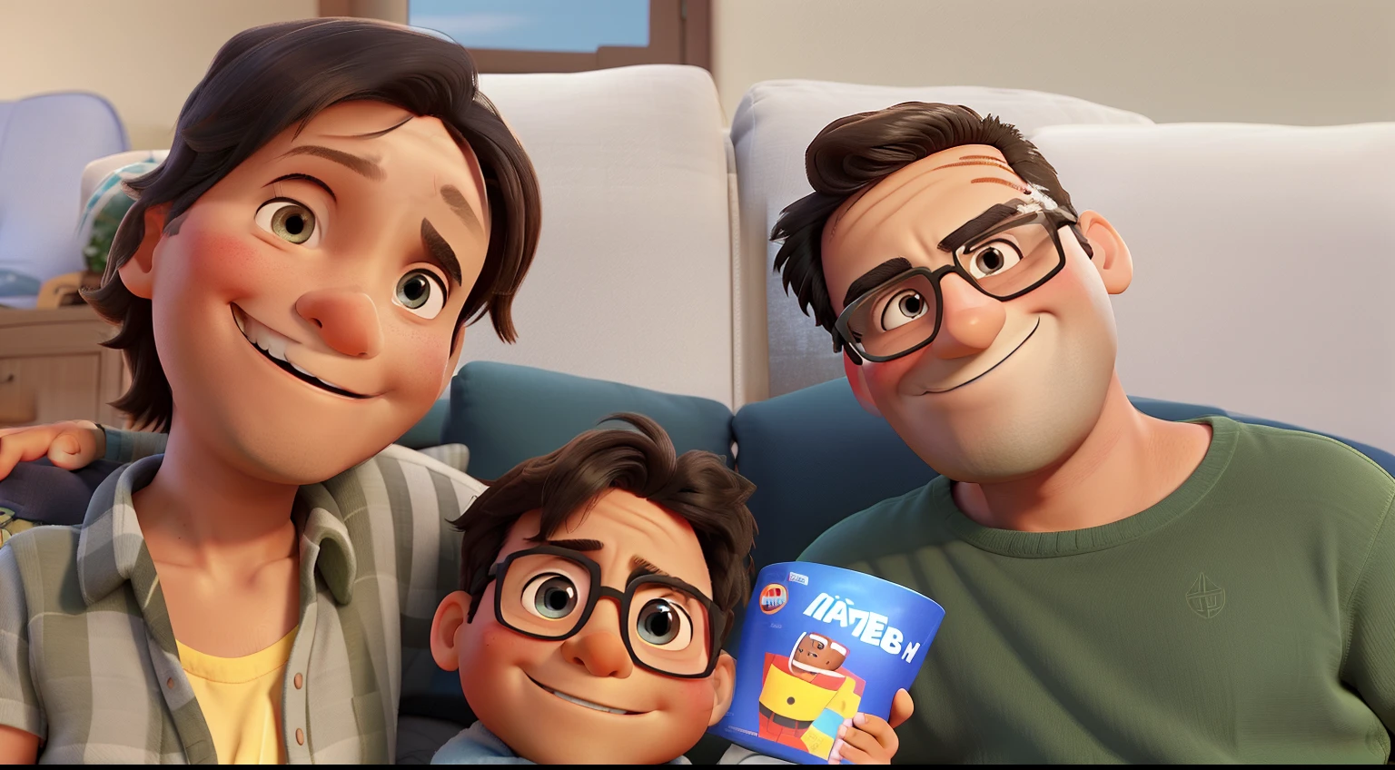Father, 10 year old Boy, tanned skin mother, on the sofa, smiling, disneypixar