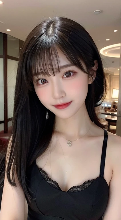 (highest quality,masterpiece:1.3,超A high resolution,),(super detailed,caustics),(Photoreal:1.4,RAW shooting,)ultra-realistic capture,very detailed,High resolution 16K human skin close-up。 Natural skin texture、,The pores are、、Must be detailed enough to be easily identified。 Skin should look even-toned and healthy。 Use natural light and color,restaurant,(Black seductive lace panties、Black seductive lace bra),1 girl,Japanese,18-year-old,cute,black haired,middle hair,(small breasts:1.2),smile,turn your body forward,(View from the front:1.2),look at the camera,full body shot:1.1,sight,focused on breasts:1.1,Chest close-up:1.1、Close your chest、push your butt up、crawl on all fours、hotel lobby