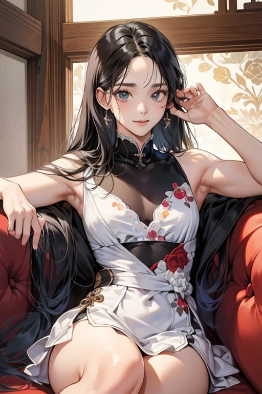 (pieces fly, 4k, 8K,beautiful images, clear image, realistic,perfect face, perfect lines, perfect eyes, soft lighting) ,1 female, (black hair、long straight hair,bullish look,Beautiful woman,grace,solid makeup,One Piece Figure、a matural female,small breasts:1.3),スーツ姿のハンサムなmale性2人, (male,male性はスーツ姿,muscular,solid shoulder width, maleの,boyish hairstyle,british gentleman's style,クールな表情の成熟male性,明るい笑顔の成熟male性:1.2),A smile showing white teeth(embarrassing,shy smile:1.1),(nervous,embarrassing,sleepy,embarrassing:1.1),antique sofa、open your mouth slightly,innocent smile,On a date,kiss、couple、couplekiss、romance、At work、antique furniture、sitting on the sofa、couch sofa