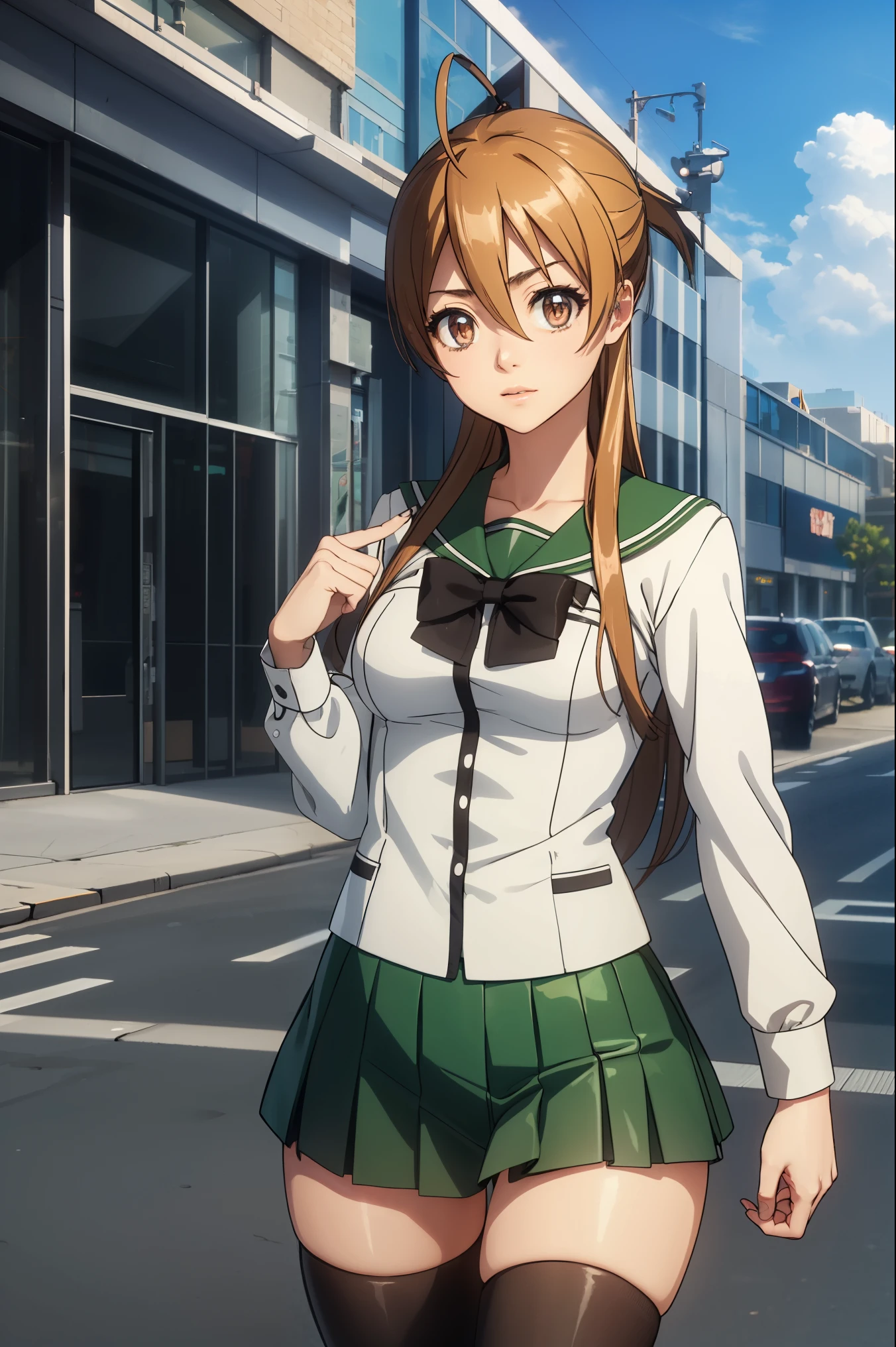 reimiyamoto, rei miyamoto, long hair, brown hair, (brown eyes:1.5), antenna hair, ponytail,
BREAK skirt, thighhighs, , serafuku, zettai ryouiki, green skirt, bowtie, long sleeves, black thighhighs, black bowtie,
BREAK outdoors, city, zombies, sun, sky, clouds, cars,
BREAK looking at viewer, (cowboy shot:1.5),
BREAK (masterpiece:1.2), best quality, high resolution, unity 8k wallpaper, (illustration:0.8), (beautiful detailed eyes:1.6), extremely detailed face, perfect lighting, extremely detailed CG, (perfect hands, perfect anatomy),