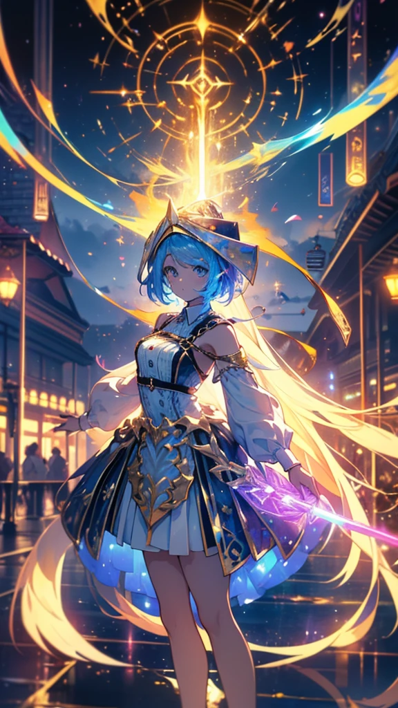 enchantress, highest quality,((highest quality)),((table top)),((perfect face)),become familiar with5Two finger hand,1 girl,(background blur), ((holographic)),1 girl,milky way, (stripes of light), impressive visuals, (dynamic streak, path of light:1.2), bright colors, full body,dynamic pose, Fountain in the background, have a cane, Like an anime poster
