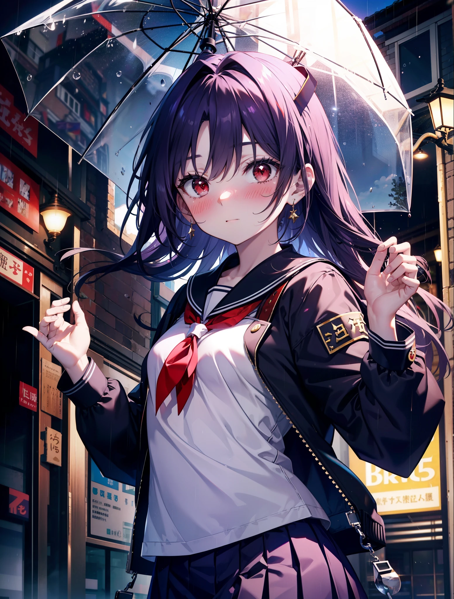 yuukikonno, Yuki Konno, hair band, long hair, pointed ears, purple hair,blush, embarrassing,(red eyes:1.5), (small breasts:1.2),high school girl uniform(Purple sailor suit),Purple pleated skirt,white tights,brown loafers,rain,cloudy,umbrella,umbrellaのグリップを両手で掴んで持っている,evening,
break looking at viewer, Upper body, full body,
break outdoors, city,building street,
break (masterpiece:1.2), highest quality, High resolution, unity 8k wallpaper, (shape:0.8), (fine and beautiful eyes:1.6), highly detailed face, perfect lighting, Very detailed CG, (perfect hands, perfect anatomy),