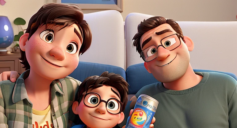 Father, 10 year old Boy, mother, on the sofa, smiling, disneypixar