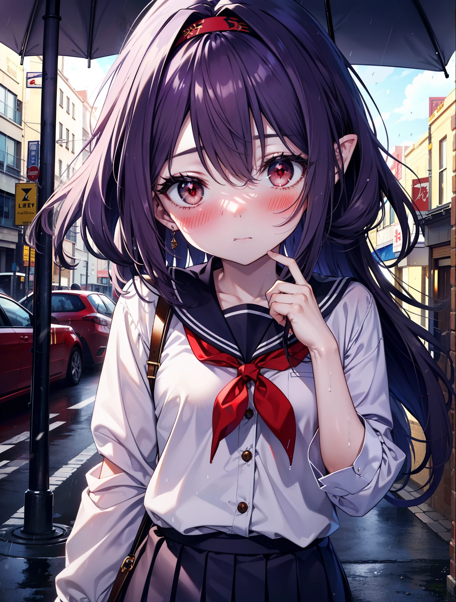 yuukikonno, Yuki Konno, hair band, long hair, pointed ears, purple hair,blush, embarrassing,(red eyes:1.5), (small breasts:1.2),high school girl uniform(Purple sailor suit),Purple pleated skirt,white tights,brown loafers,rain,cloudy,umbrella,umbrellaのグリップを両手で掴んで持っている,evening,
break looking at viewer, Upper body, full body,
break outdoors, city,building street,
break (masterpiece:1.2), highest quality, High resolution, unity 8k wallpaper, (shape:0.8), (fine and beautiful eyes:1.6), highly detailed face, perfect lighting, Very detailed CG, (perfect hands, perfect anatomy),