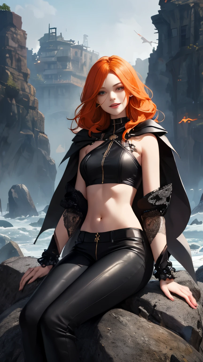 (Highly quality, masterpiece, detailed), fire city detailed scenario, fire city detailed background, solo, orange hair, madelynepri, 1woman, black cape, black crop top, leather pants, sleeves, navel, perfect face, evil smile, sitting on a rock, 
 beautiful eyes, look at the viewer, Sexy pose