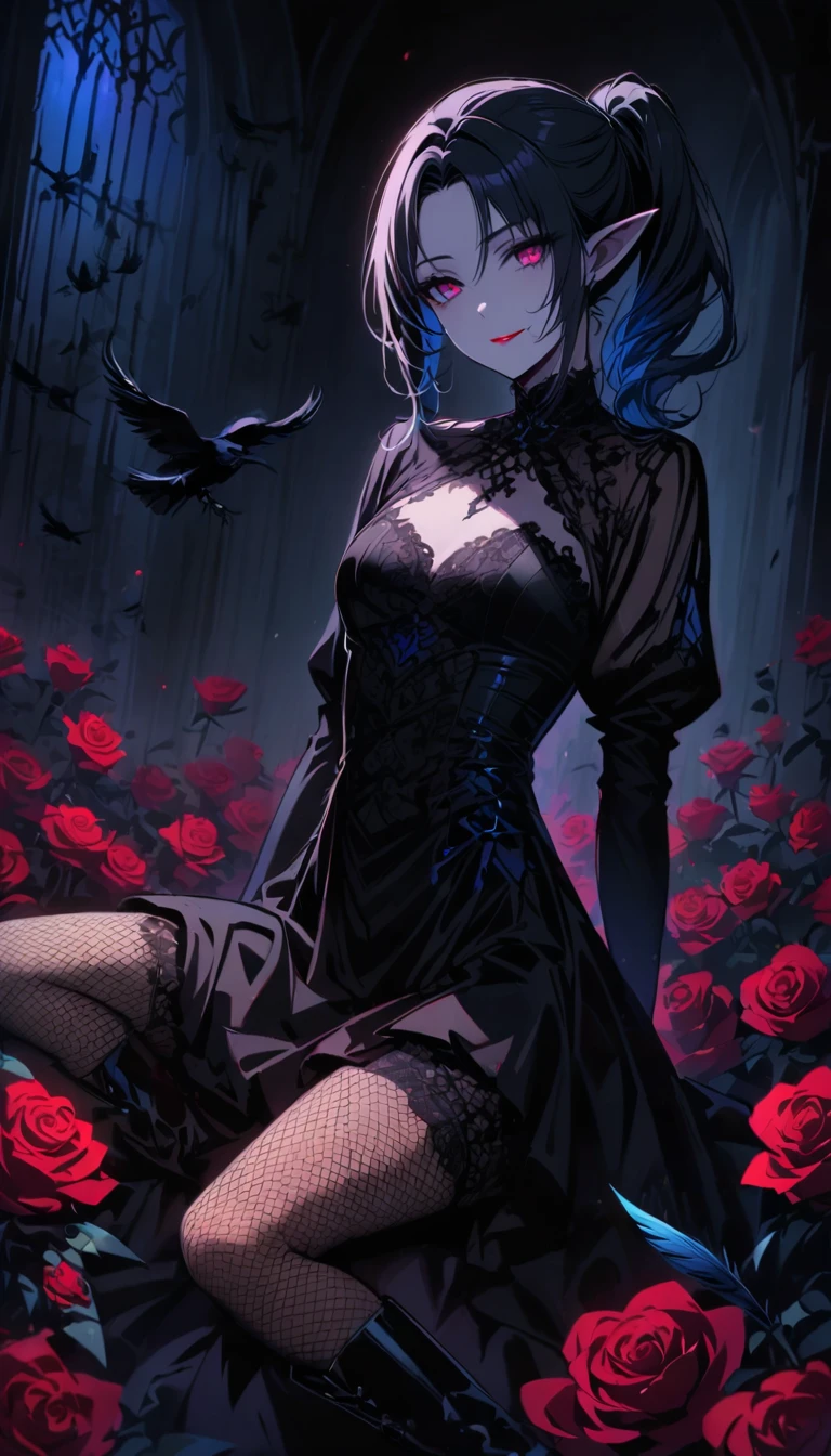(dark atmosphere,Goethe fashion,bright colors),(best quality,Super exquisite,),Sexy goth elf girl,rose garden at night,beautiful and delicate eyes,Blue tip black straight ponytail,Crow feathers,red lipstick,mysterious smile,Pale complexion,fishnet stockings,black lace dress,Pointed-toe boots,The moonlight reflects her elegant silhouette,Soft shadows and soft highlights,Contrasting colors create a vibrant atmosphere,Dark and moody color palette,Subtle yet dramatic lighting effects,Sublime darkness intertwined with exquisite moonlight