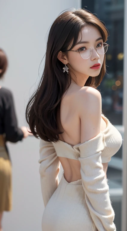 a woman standing at the livingroom, white wall paper, solo, 1girl, (casual outfit), colorful oversized_sweater, back view, off shoulder, night view, at night, japanese city tokyo, (masterpiece:1.2, best quality), 1milf, ((brown short hair)), brown eye, (big breasts:1.2), perfect slim body, perfect face, perfect hands, (shy face), perfect eyes, seductive eyes, beautiful detailed eyes, symmetrical eyes, mature woman, tempting, CEO, detailed fingers, beautiful detailed eyes, (((masterpiece))), ((best quality)), ((intricate detailed)), ((Hyperrealistic)), absurd res, perspective, dynamic angle, highly detailed, perfect body, perfect legs, long legs, slim legs, slim waist, sweating face, bokeh, UHD, HDR, RAW photo, ray tracing, 8k, cinematic lighting, (blurry background:1.2), detailed background, perfect eyes, (beautiful 24 age years old sexy japanese women:0.4), white sillky skin, sharp focus, realistic human skin texture, detailed background, perfect eyes, seductive eyes, looking at the viewer, from below, from behind, single focus, (glossy skin:1.1), (oval glasses), simple small earrings, happy512, no one else, cowboy shot,