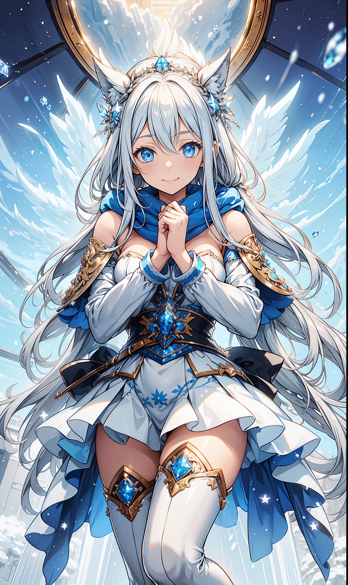 masterpiece, Very detailed, super detailed, cold, alone, (1 girl), smile, ice blue eyes, Frosty white hair, 酷chala, flat face, young woman, multiple sclerosis. chala, Moderate , charm, confident, cold face, goddess,, (Snowy background), snowflake, (Frozen Flowers:0.5), (Calm expression), (Ice storms:1.1), (modern casual clothing), (Snow covered ground), (Smile:0.7),thigh boots