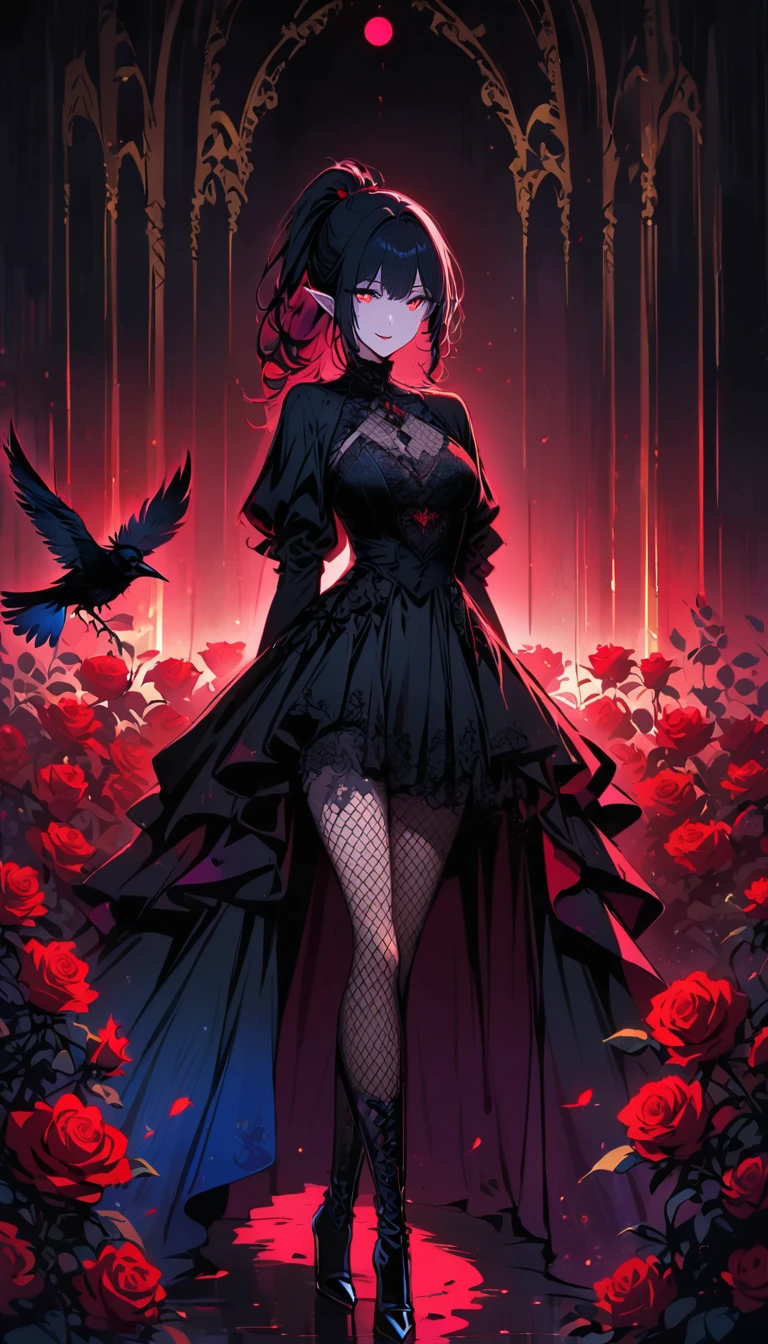 （dark atmosphere，Goethe fashion，bright colors），（best quality，Super exquisite，），Sexy goth elf girl，rose garden at night，beautiful and delicate eyes，Blue tip black straight ponytail，Crow feathers，red lipstick，mysterious smile，Pale complexion，fishnet stockings，black lace dress，Pointed-toe boots，The moonlight reflects her elegant silhouette，Soft shadows and soft highlights，Contrasting colors create a vibrant atmosphere，Dark and moody color palette，Subtle yet dramatic lighting effects，Sublime darkness intertwined with exquisite moonlight