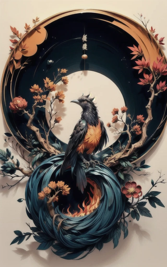 shukezouma, shuimobysim, ((starling)), willow branches, (masterpiece, best quality: 1.2), ((Traditional Chinese ink painting)), model style, bamboo branches, bamboo, wuchangshuo, red, orange, black, fire, starling, bird
