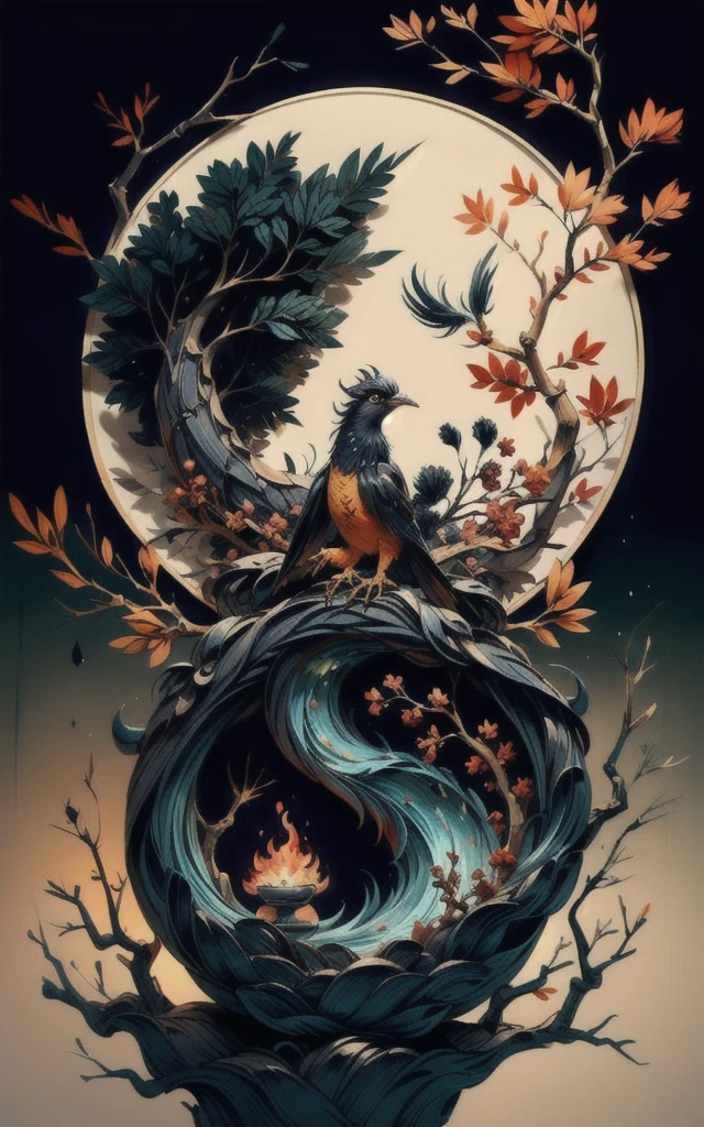 shukezouma, shuimobysim, ((starling)), willow branches, (masterpiece, best quality: 1.2), ((Traditional Chinese ink painting)), model style, bamboo branches, bamboo, wuchangshuo, red, orange, black, fire, starling, bird