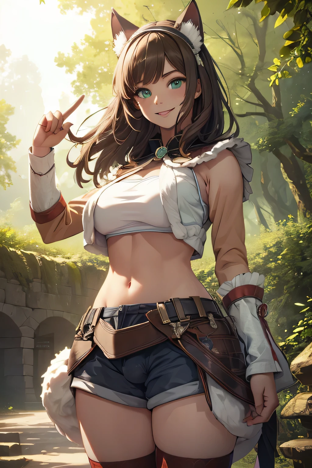 Fantasy setting, forest, spring, Green Eyes, 1 girl, solo, real, top quality, photorealistic, masterpiece, 8K, solo, hd face, soft lighting, ((daytime)), sky, (looking at camera, pointing into the distance), (portrait: 0.6), full-body, (medium hair), brown hair: 1.3, lips, bright smile, Floating hair, smiling wide, open mouth, Cat ears, tail, wild girl, Shorts, Druid girl,eyelashes, beautiful girl, Penis bulge,