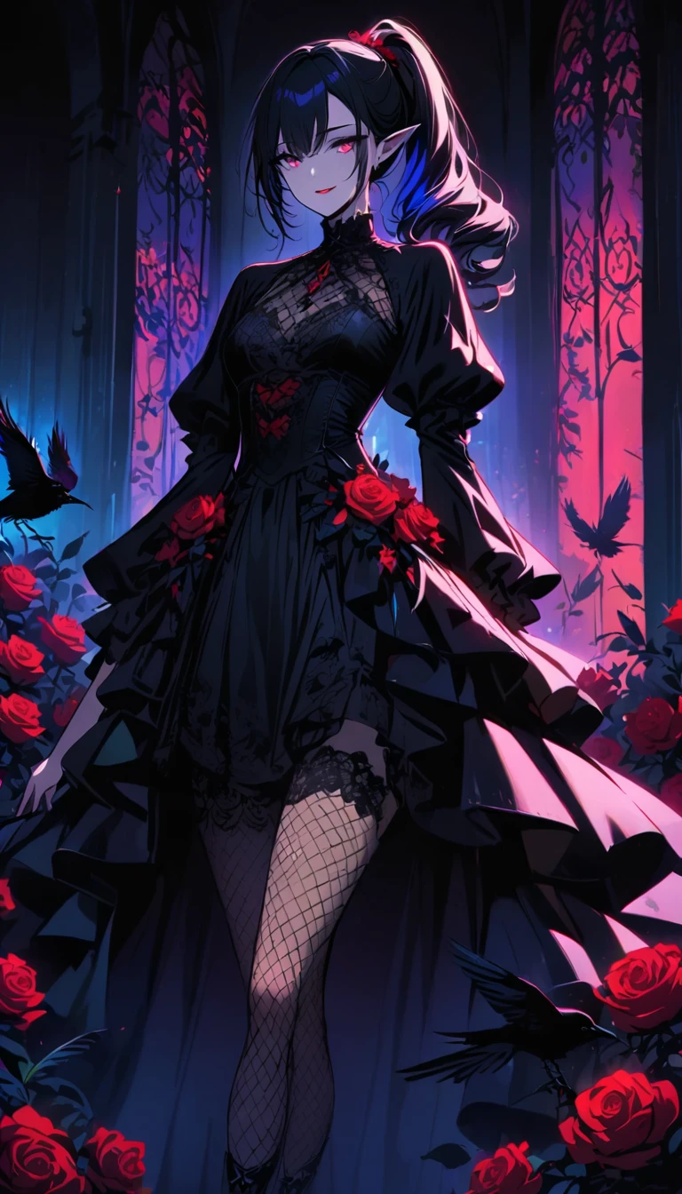 （dark atmosphere，Goethe fashion，bright colors），（best quality，Super exquisite，face and body details），sexy goth girl，Blue tip black straight ponytail，Crow feathers，red lipstick，mysterious smile，Pale complexion，fishnet stockings，black lace dress，Pointed-toe boots，rose garden at night，Dark and moody lighting