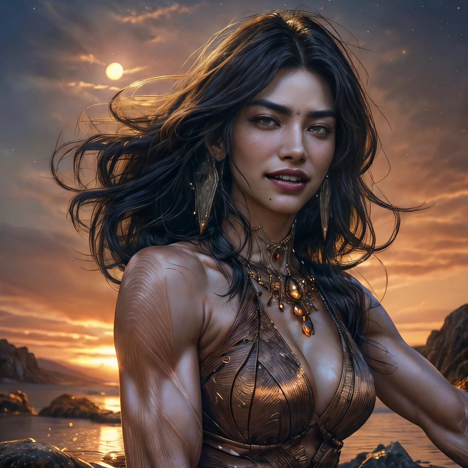 (highest quality,4k,8K,High resolution,masterpiece:1.2),Super detailed,(realistic,realistic:1.37),An unforgettable visual feast. Every single hair is carefully drawn, Maximum realism and attention to detail.
The muscular build of a female werewolf、A testament to her primal strength and ferocity.。. Every muscle and tendon is precisely sculpted, Capturing the raw power that lies dormant within her. Her toned arms and legs、It tells of countless nights spent hunting and wandering the wilderness.。. Big mouth and long fangs,
The moonlight falls on her, It accentuates the delicate contours of her face.. Her sophisticated features are both beautiful and dangerous., have a sharp and elegant nose, Mysterious smiling lips. Her piercings, The amber eyes、It reflects the wisdom and strength that can only come through centuries of existence.