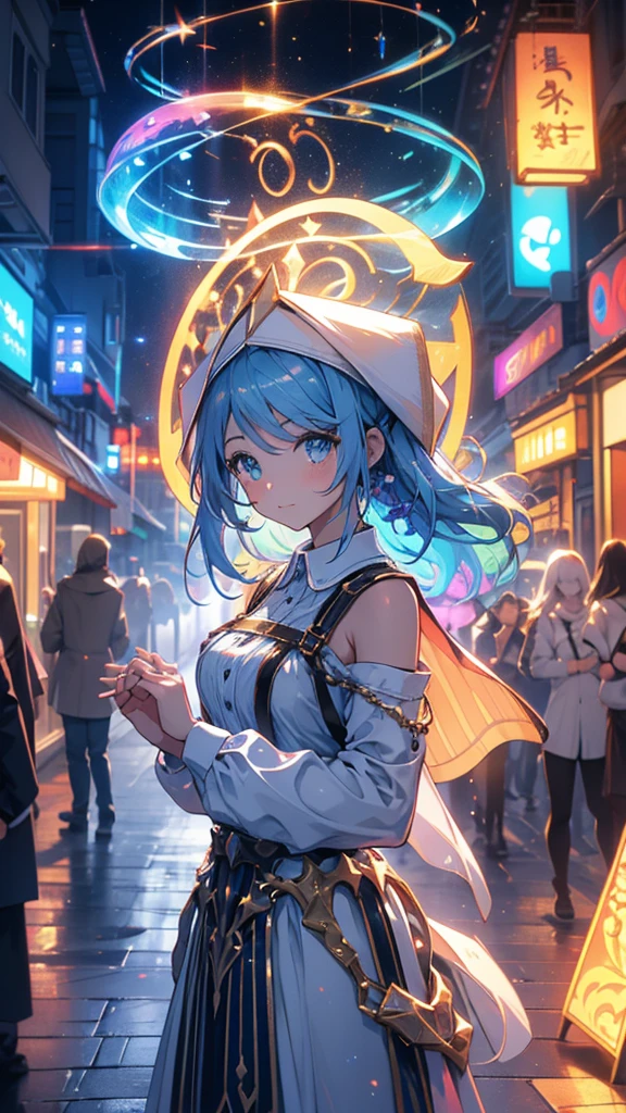 enchantress, highest quality,((highest quality)),((table top)),((perfect face)),become familiar with5two-fingered hand,1 girl,(background blur), ((holographic)),1 girl,milky way, (stripes of light), impressive visuals, (dynamic streak, path of light:1.2), bright colors, Face up,dynamic pose, Fountain in the background, have a cane, Like an anime poster, A fateful journey