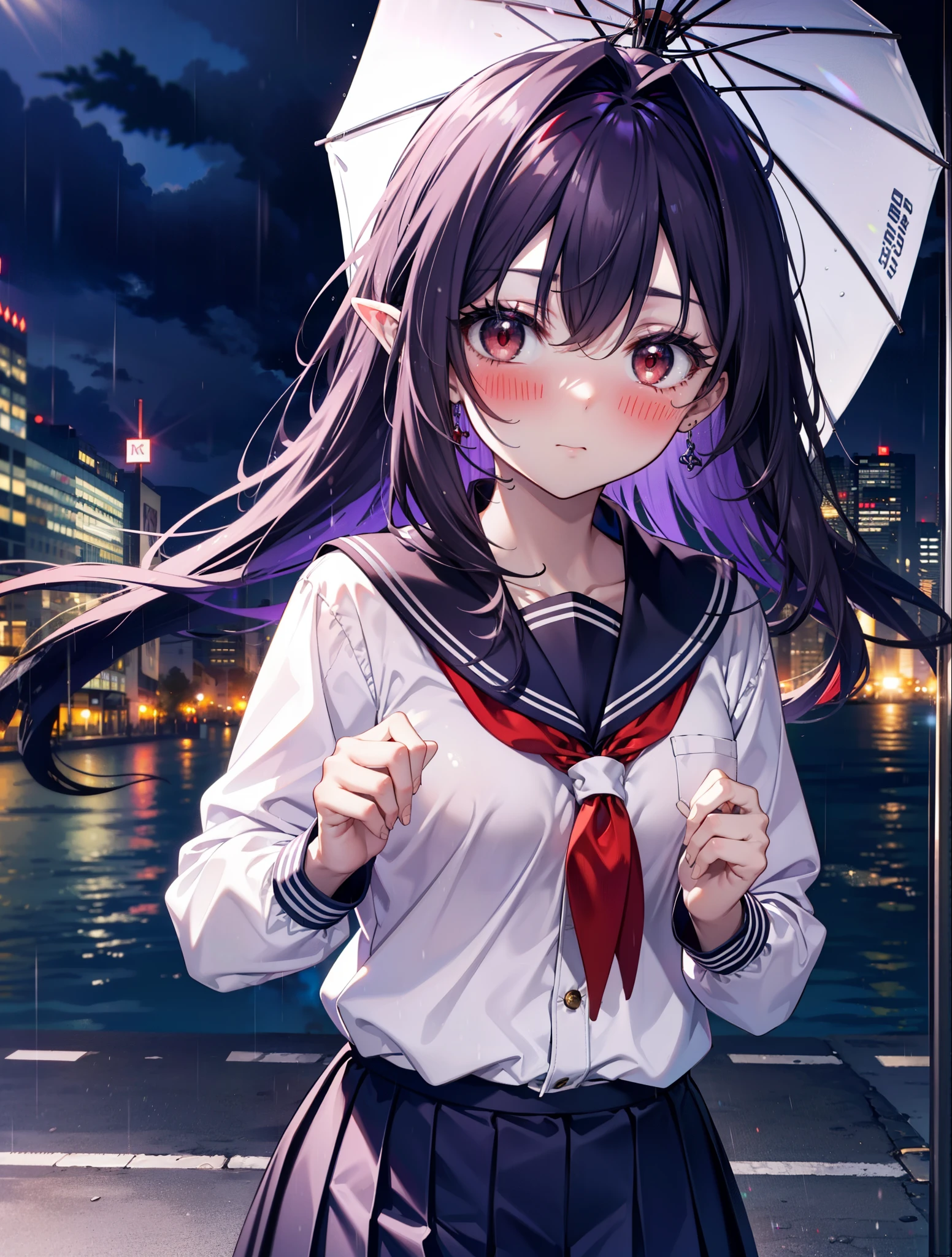 yuukikonno, Yuki Konno, hair band, long hair, pointy ears, purple hair,blush, embarrassing,(red eyes:1.5), (small breasts:1.2),high school girl uniform(Purple sailor suit),Purple pleated skirt,white tights,brown loafers,rain,cloudy,umbrella,evening,
break looking at viewer, Upper body, full body,
break outdoors, city,building street,
break (masterpiece:1.2), highest quality, High resolution, unity 8k wallpaper, (shape:0.8), (fine and beautiful eyes:1.6), highly detailed face, perfect lighting, Very detailed CG, (perfect hands, perfect anatomy),