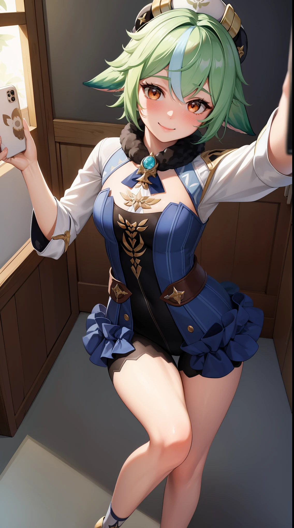 sucrose, sucrose, ahoge, animal ears, (brown eyes:1.5), glasses, gradient hair, hair between eyes, messy hair, multicolored hair, semi-rimless eyewear, short hair, green hair, embarrassed,
BREAK frills, fur collar, gem, gloves, green thighhighs, long sleeves, thighhighs, white headwear, zettai ryouiki, skirt, blue skirt, (((medium naked breasts with nipples))), ((beautiful breasts and vagina)), ((perfect vagina and breasts)),
BREAK indoors, laboratory,
BREAK looking at viewer, (cowboy shot:1.5),
BREAK (masterpiece:1.2), best quality, high resolution, unity 8k wallpaper, (illustration:0.8), (beautiful detailed eyes:1.6), extremely detailed face, perfect lighting, extremely detailed CG, (perfect hands, perfect anatomy),