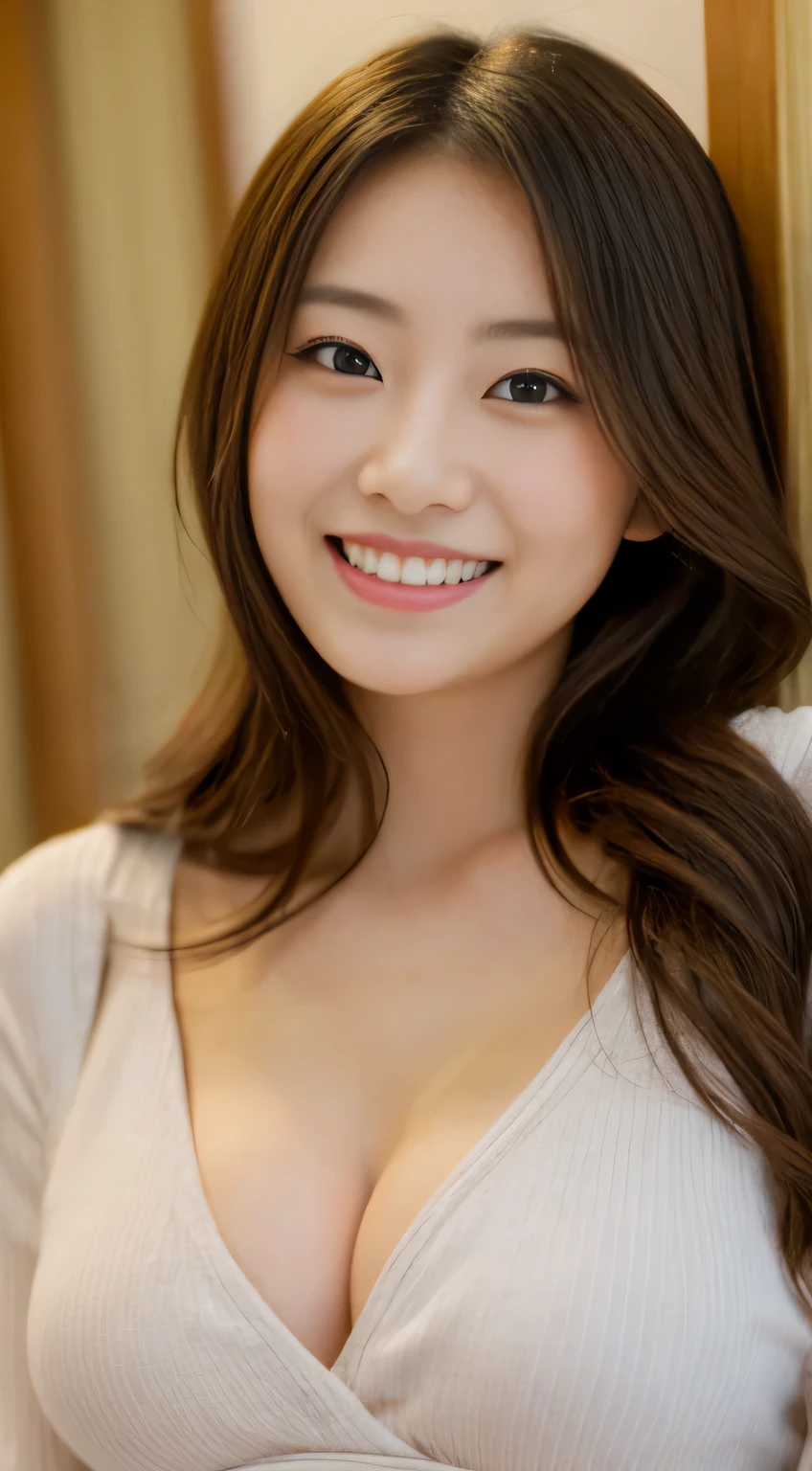 masterpiece,best quality,(Japanese ),((Beautiful girl)),cleavage,indoor,(perfect body beauty:1.2),(shy smile),beautiful teeth,